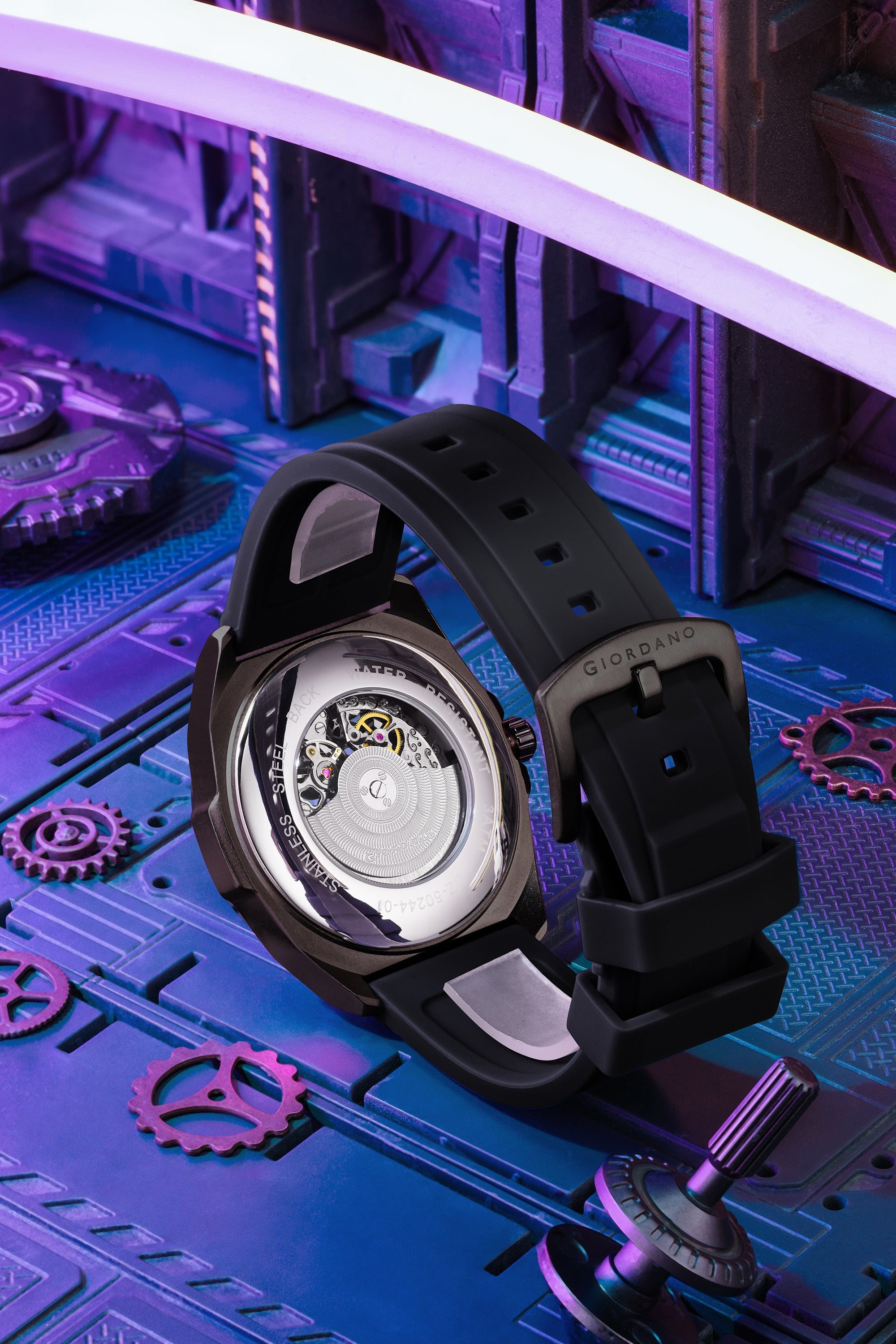Giordano Watch for Men with Black Round Skeleton Dial, Exposed Automatic Mechanical Movement, Luminous Hands and Hour Markers and Black Silicone Strap - GZ-50244-01