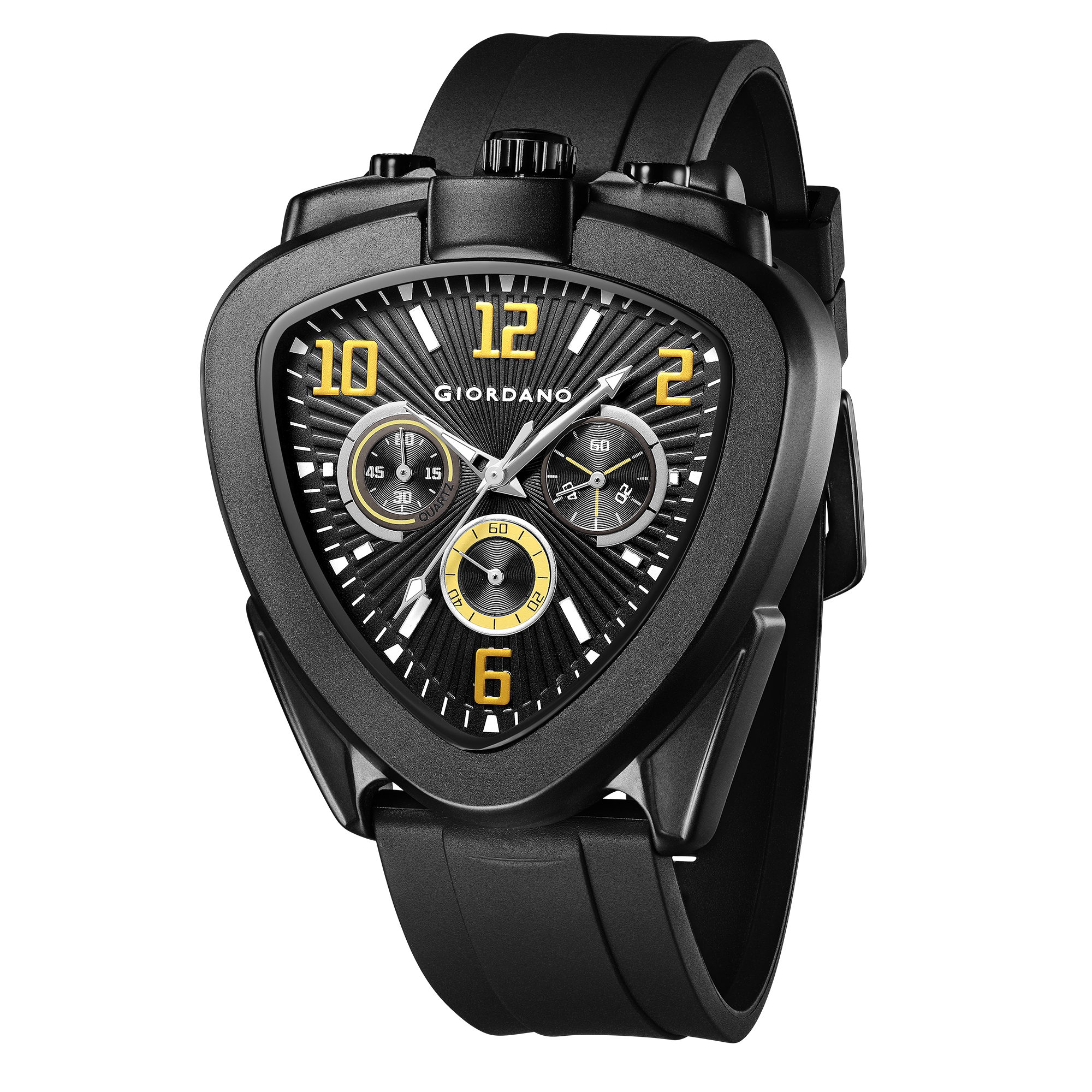 Giordano Analog Quartz Watch for Men with Black/Blue Triangular Dial, Three Sub-Dials, Arabic Numerals & Baton Hour Markers and Black Silicone Strap - GZ-50246-03