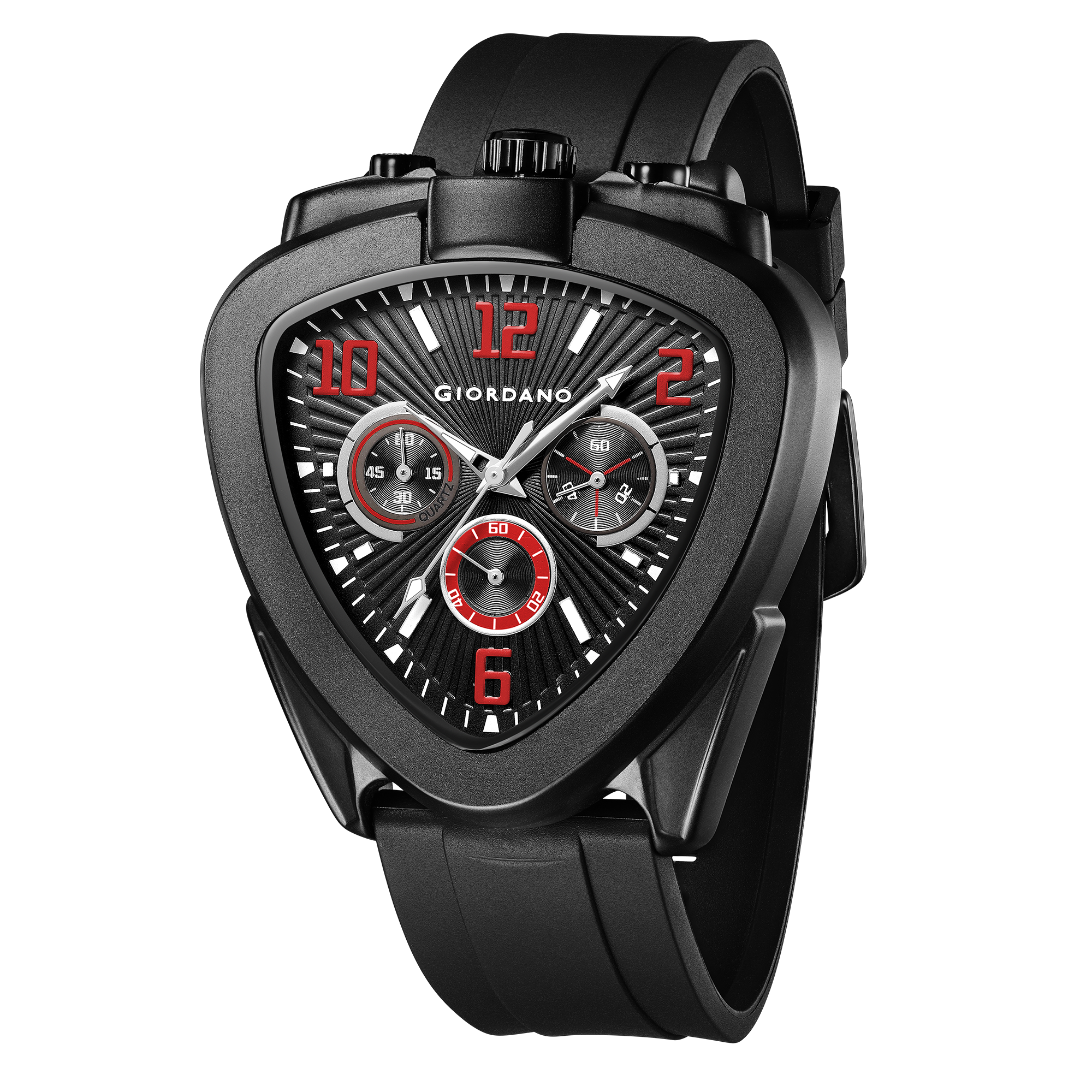 Giordano Analog Quartz Watch for Men with Black/Yellow Triangular Dial, Three Sub-Dials, Arabic Numerals & Baton Hour Markers and Black Silicone Strap - GZ-50246-02