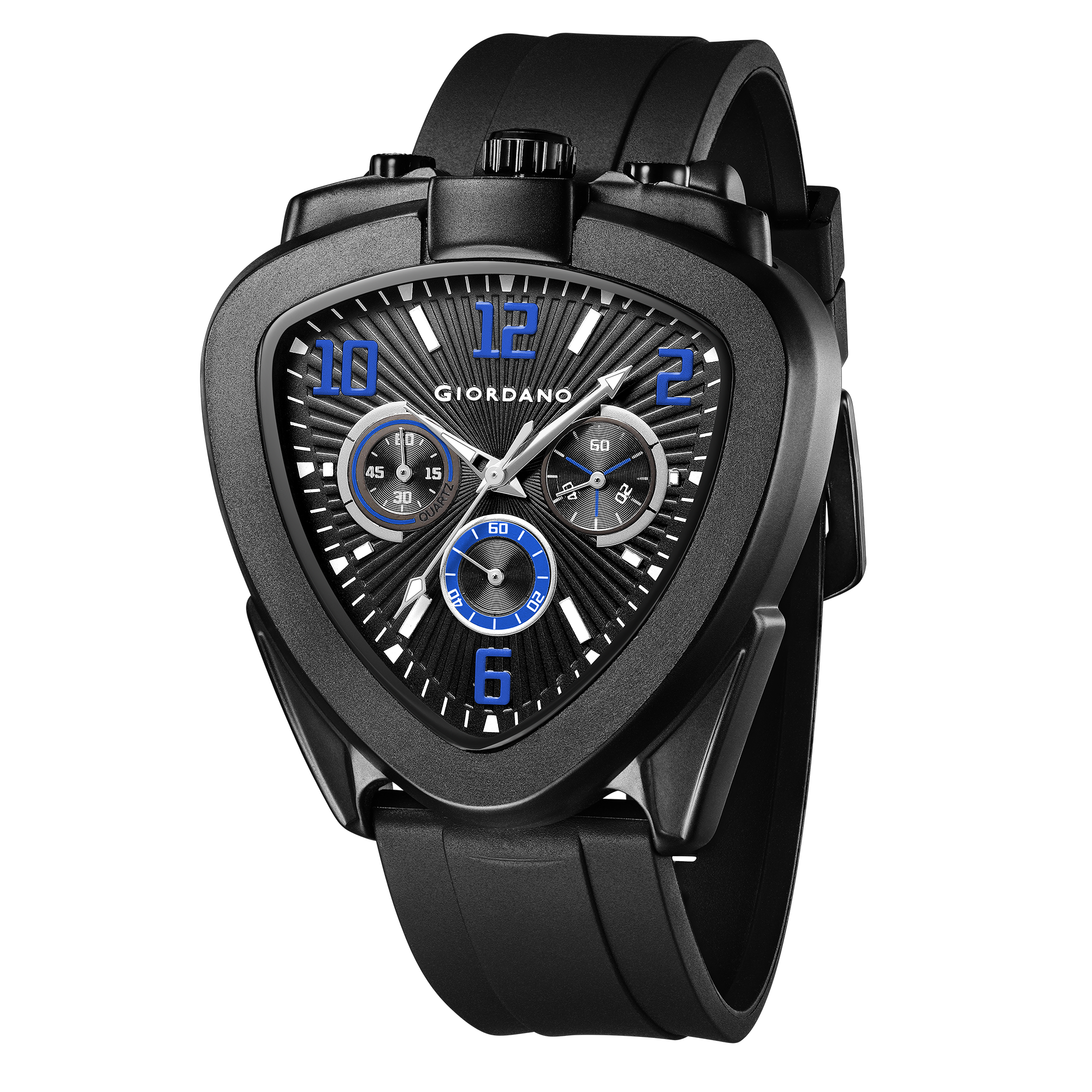 Giordano Analog Quartz Watch for Men with Black Triangular Dial, Three Sub-Dials, Arabic Numerals & Baton Hour Markers and Black Silicone Strap - GZ-50246-04