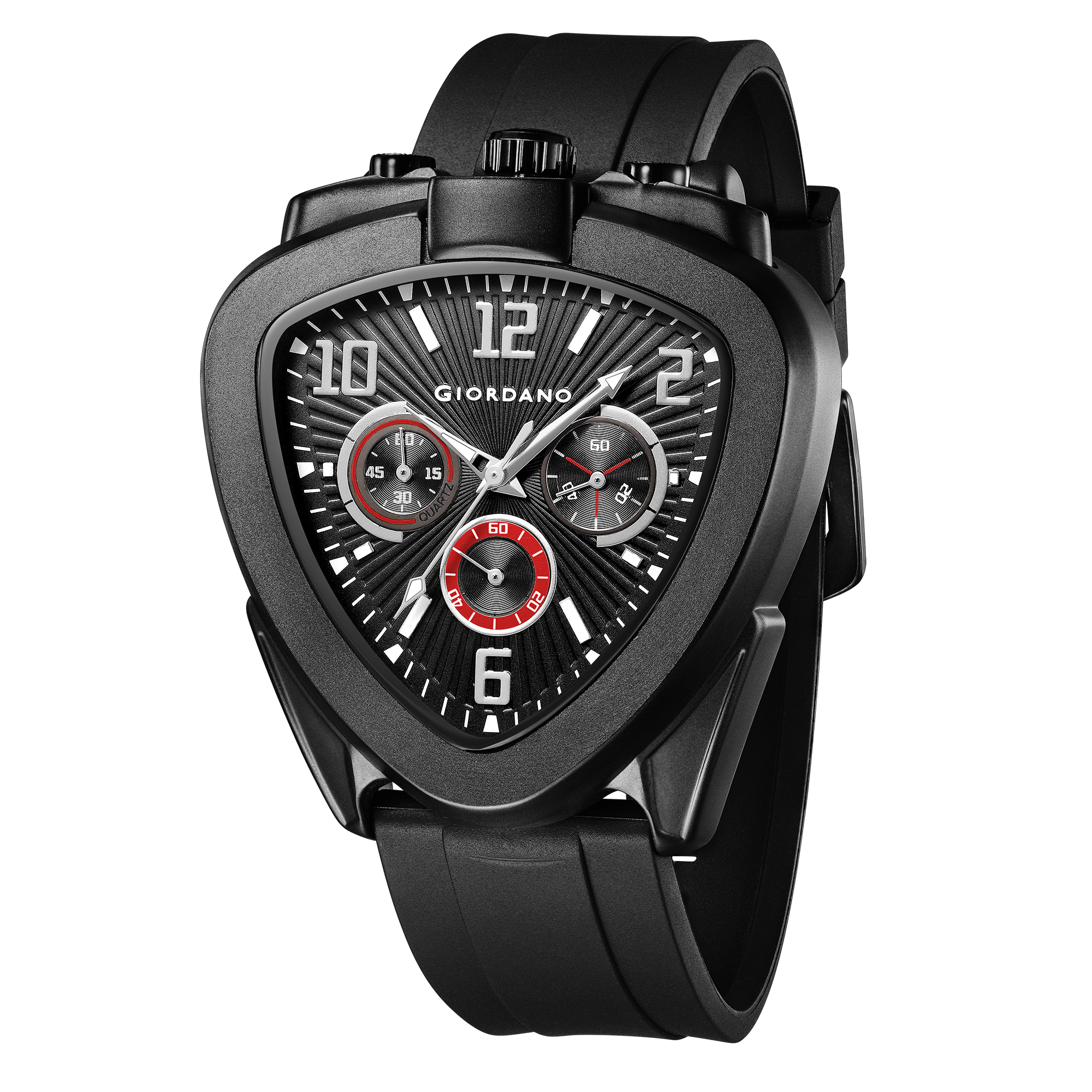 Giordano Analog Quartz Watch for Men with Black/Red Triangular Dial, Three Sub-Dials, Arabic Numerals & Baton Hour Markers and Black Silicone Strap - GZ-50246-01