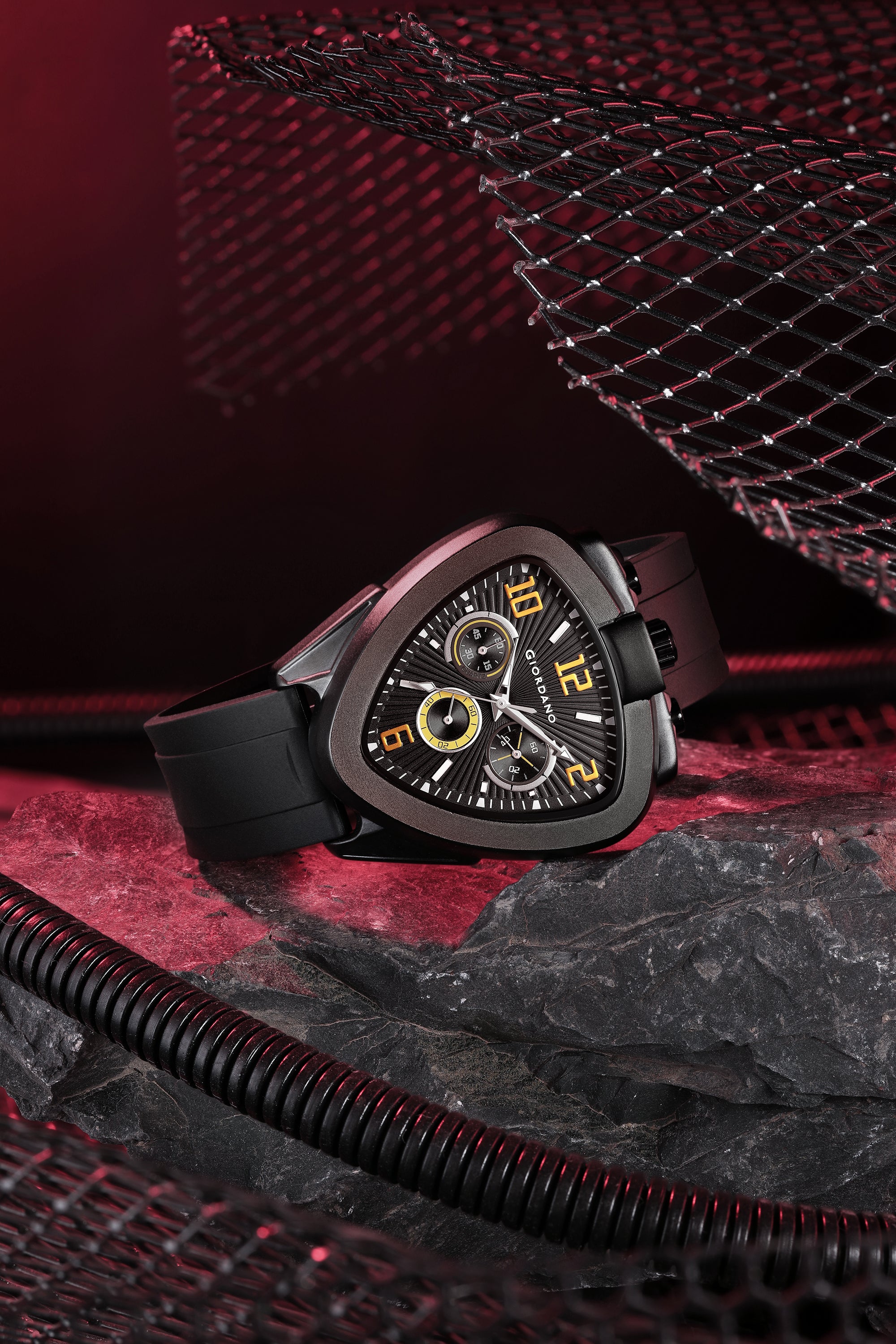 Giordano Analog Quartz Watch for Men with Black/Blue Triangular Dial, Three Sub-Dials, Arabic Numerals & Baton Hour Markers and Black Silicone Strap - GZ-50246-03