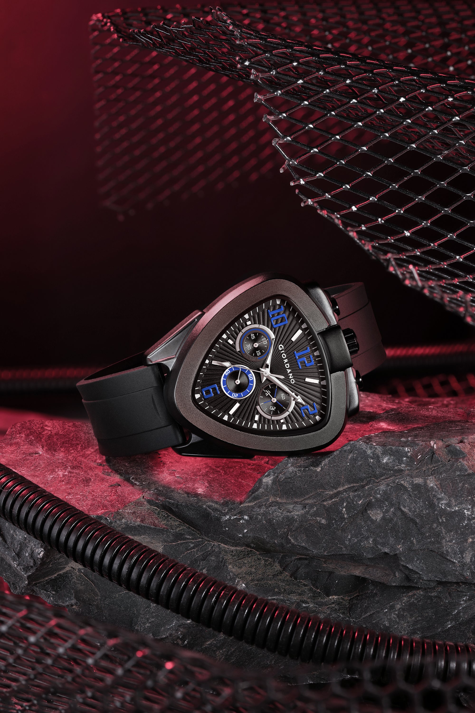 Giordano Analog Quartz Watch for Men with Black Triangular Dial, Three Sub-Dials, Arabic Numerals & Baton Hour Markers and Black Silicone Strap - GZ-50246-04