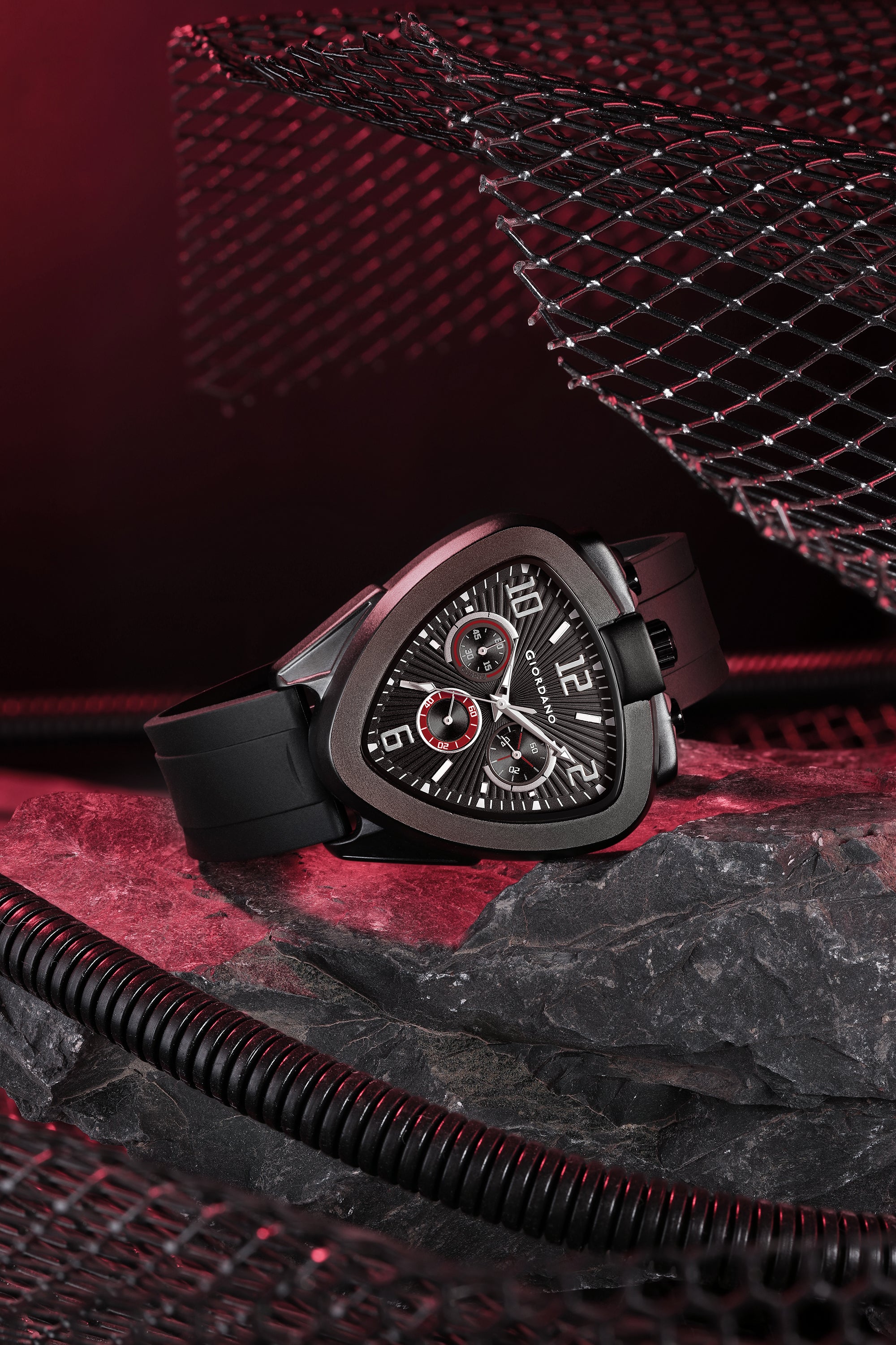 Giordano Analog Quartz Watch for Men with Black/Red Triangular Dial, Three Sub-Dials, Arabic Numerals & Baton Hour Markers and Black Silicone Strap - GZ-50246-01
