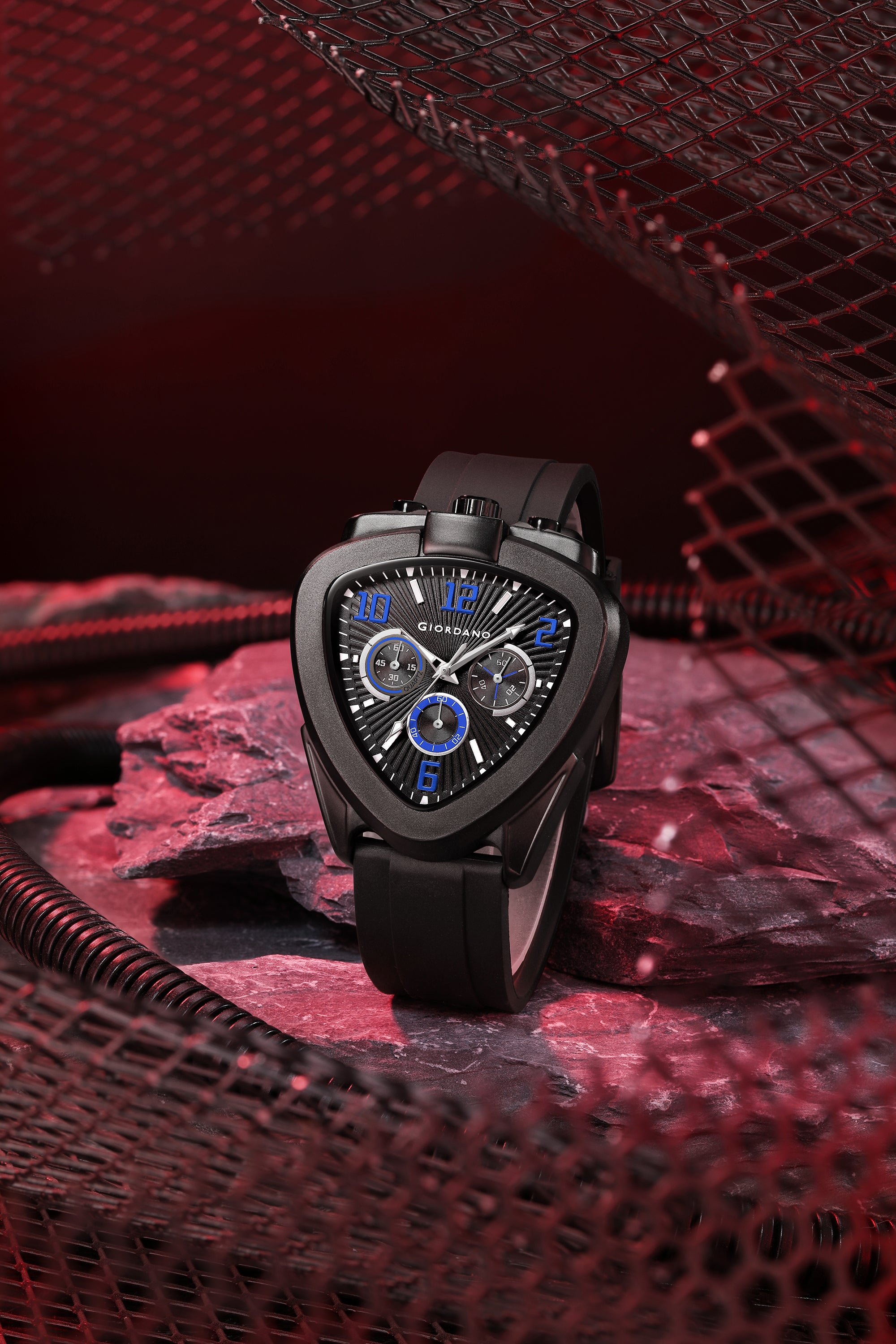 Giordano Analog Quartz Watch for Men with Black Triangular Dial, Three Sub-Dials, Arabic Numerals & Baton Hour Markers and Black Silicone Strap - GZ-50246-04
