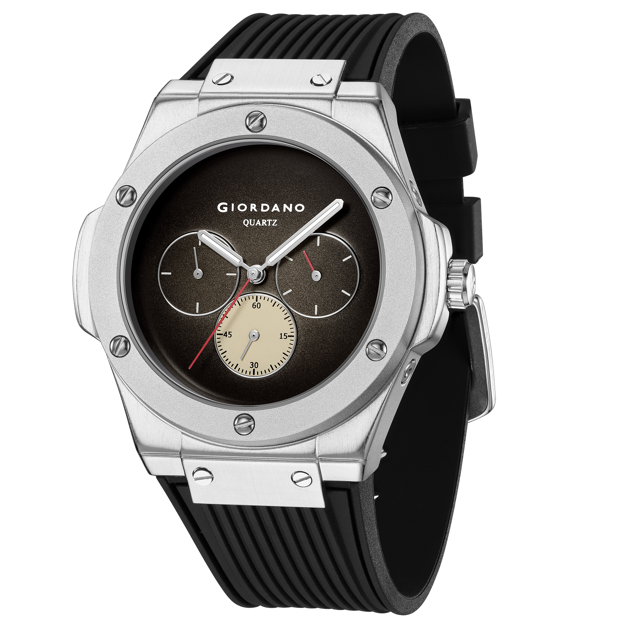 Giordano Analog Watch for Men with Black Round Dial, Three Sub-Dials, Quartz Movement and Black Ribbed Silicone Strap - GZ-50243-02