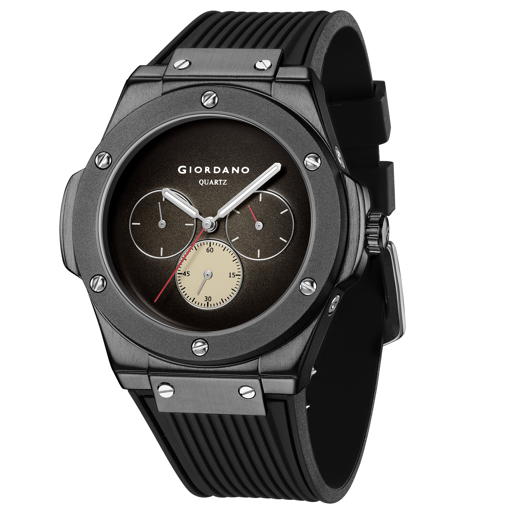 Giordano Analog Watch for Men with Black Round Dial, Three Sub-Dials, Quartz Movement and Black Ribbed Silicone Strap - GZ-50243-01