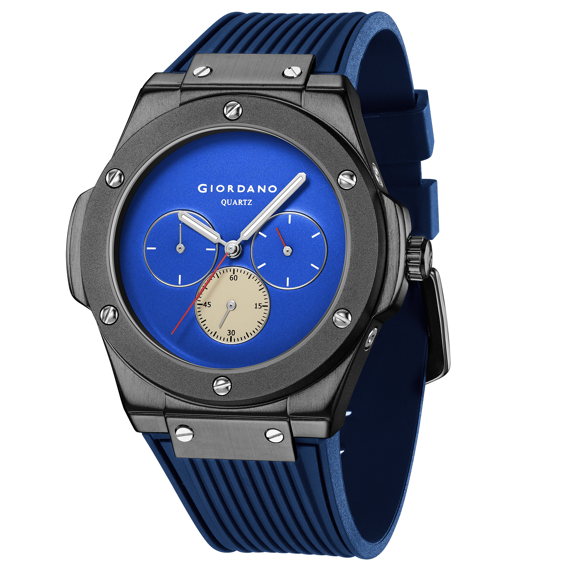 Giordano Analog Watch for Men with Blue Round Dial, Three Sub-Dials, Quartz Movement and Blue Ribbed Silicone Strap - GZ-50243-03