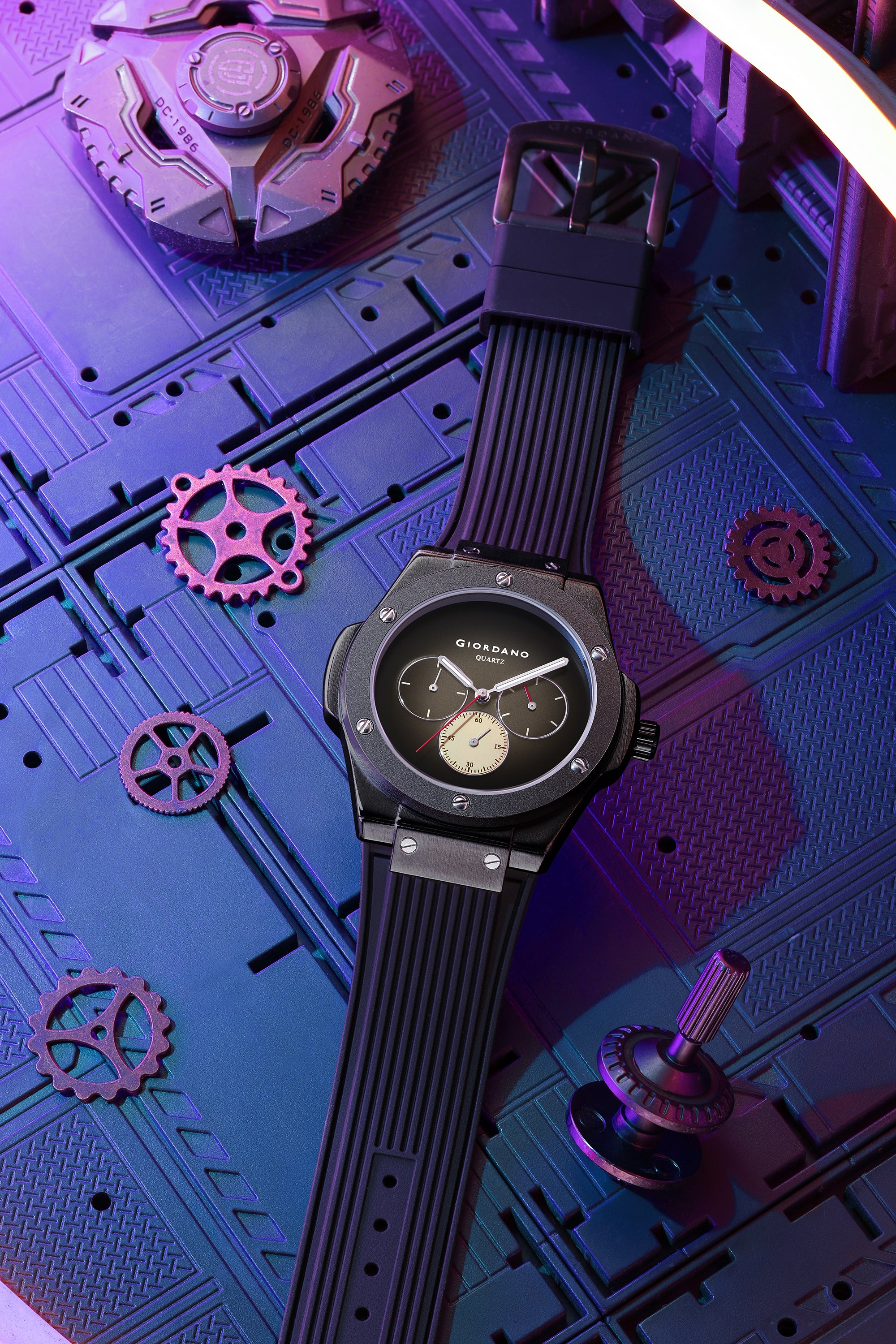 Giordano Analog Watch for Men with Black Round Dial, Three Sub-Dials, Quartz Movement and Black Ribbed Silicone Strap - GZ-50243-01