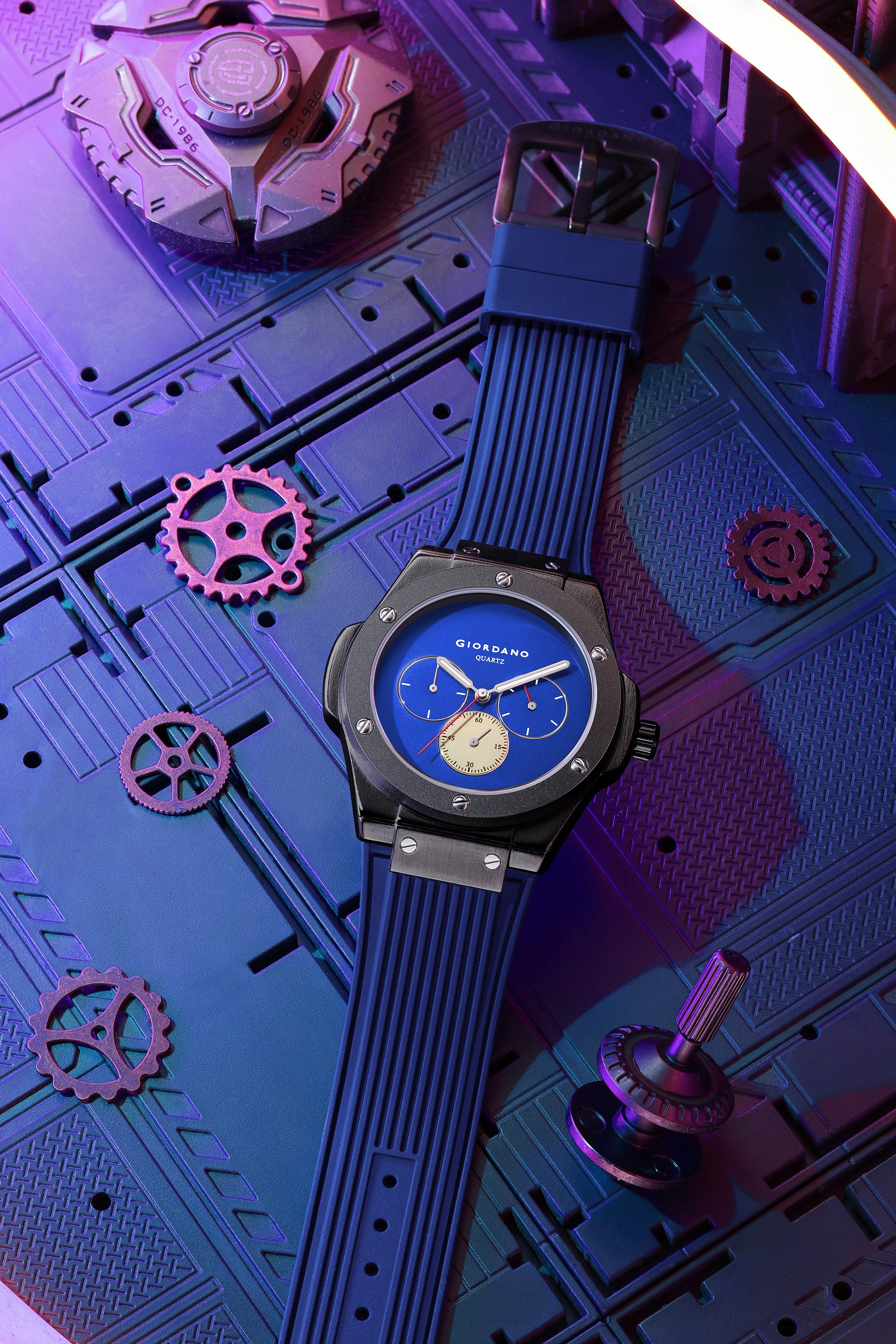 Giordano Analog Watch for Men with Blue Round Dial, Three Sub-Dials, Quartz Movement and Blue Ribbed Silicone Strap - GZ-50243-03