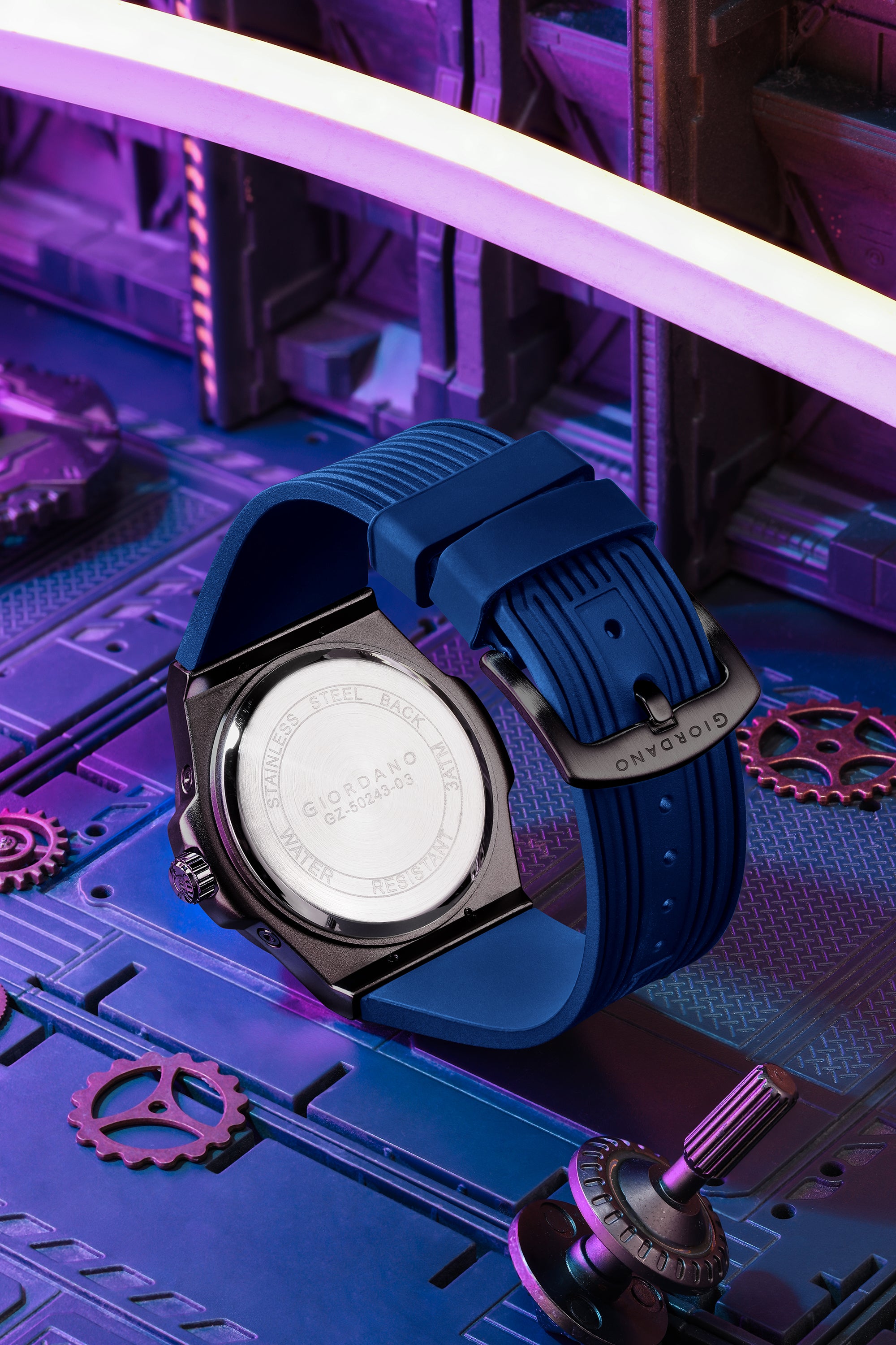 Giordano Analog Watch for Men with Blue Round Dial, Three Sub-Dials, Quartz Movement and Blue Ribbed Silicone Strap - GZ-50243-03
