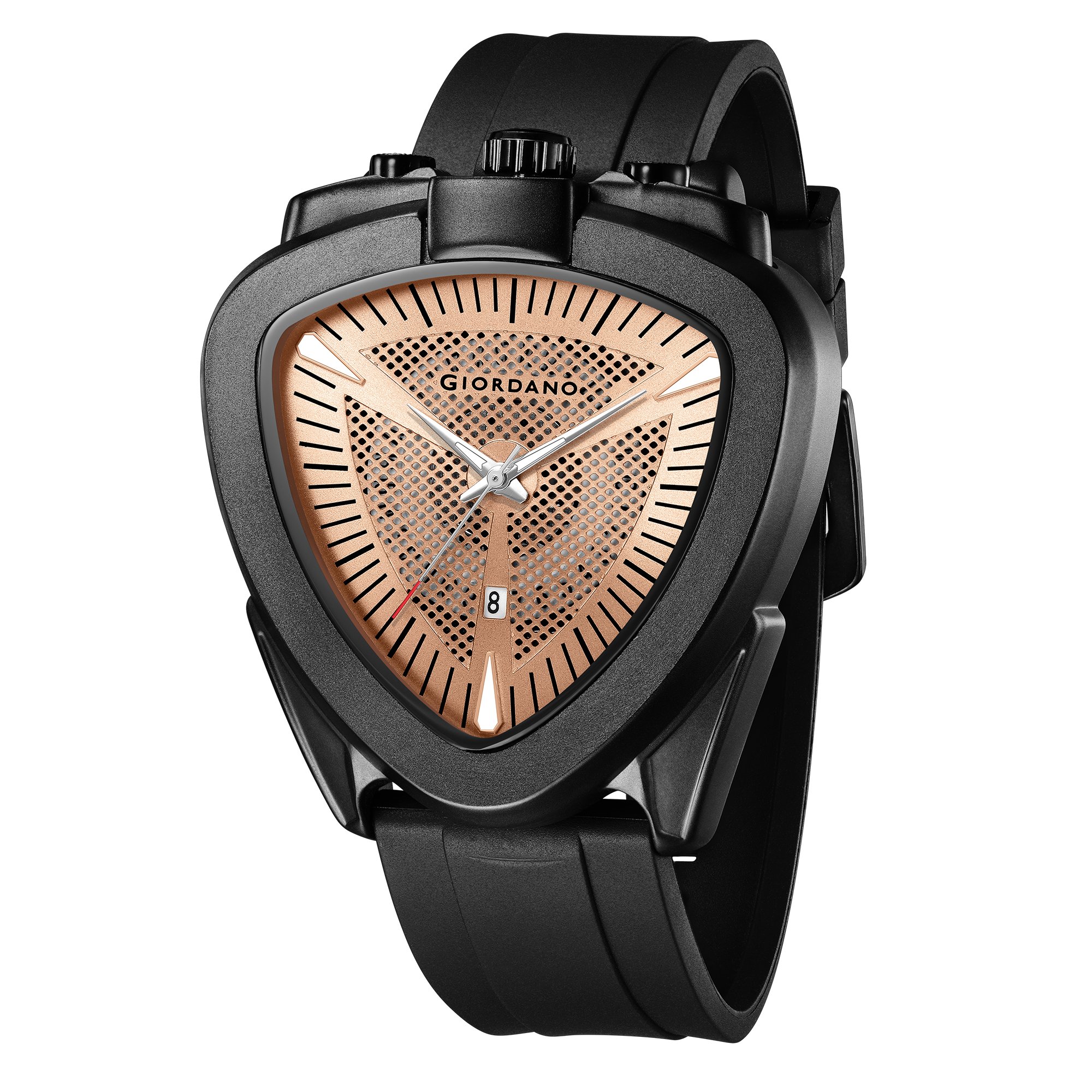 Giordano Analog Quartz Watch for Men with Rose Gold Triangular Textured Dial, Date Display, Luminous Hands and Hour Markers and Black Silicone Strap - GZ-50245-03