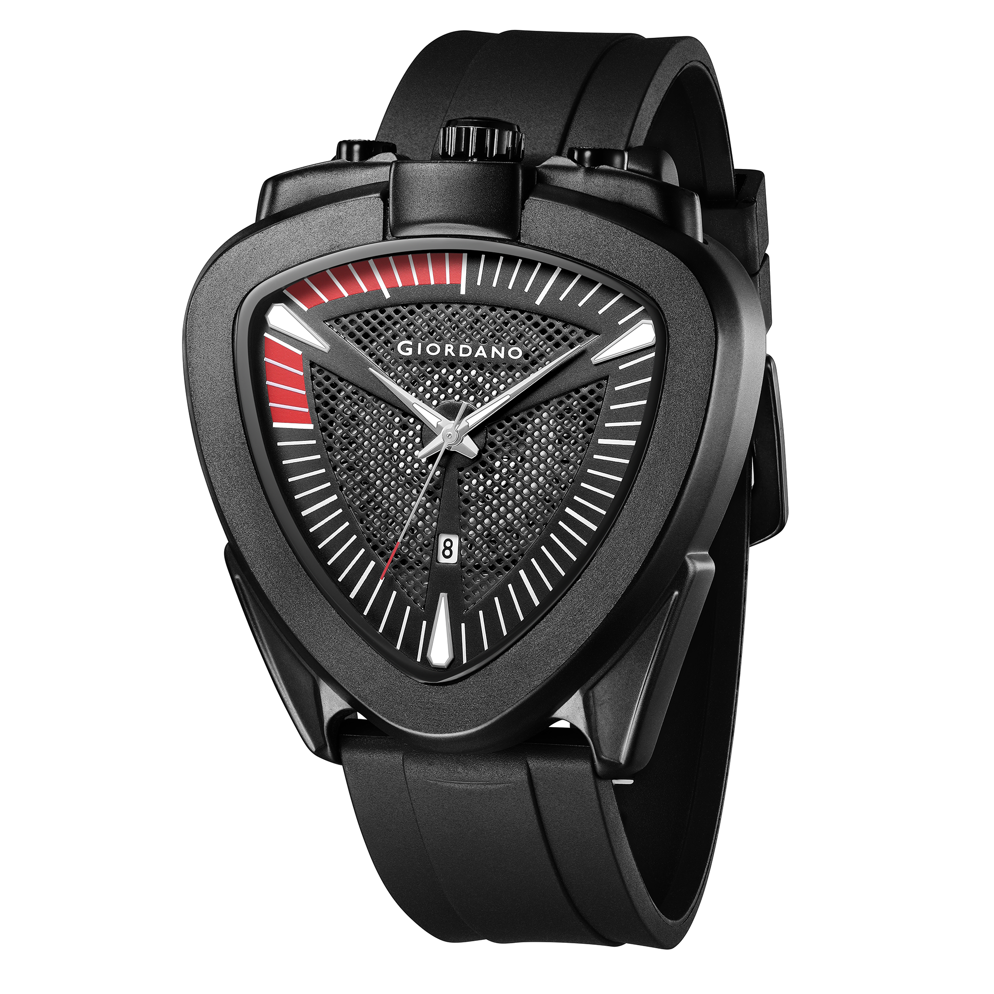 Giordano Analog Quartz Watch for Men with Black Triangular Textured Dial, Date Display, Luminous Hands and Hour Markers and Black Silicone Strap - GZ-50245-01