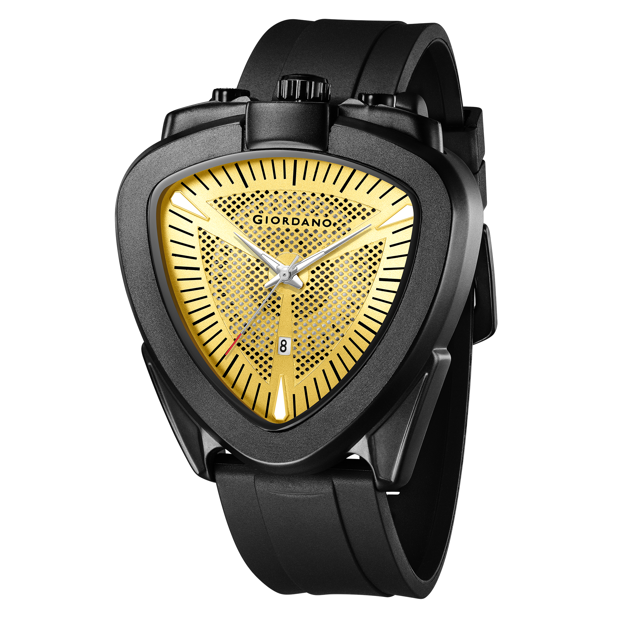 Giordano Analog Quartz Watch for Men with Gold Triangular Textured Dial, Date Display, Luminous Hands and Hour Markers and Black Silicone Strap - GZ-50245-04