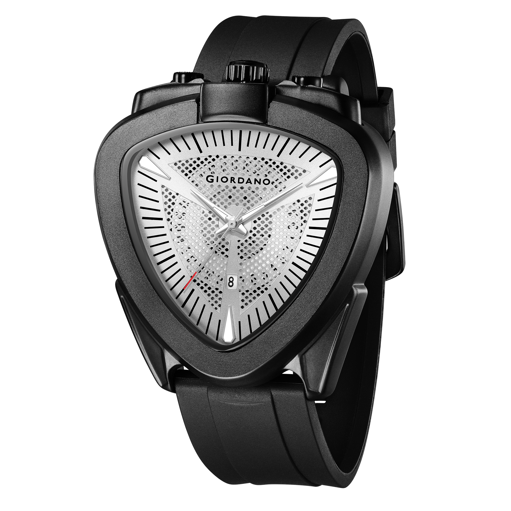 Giordano Analog Quartz Watch for Men with Silver Triangular Textured Dial, Date Display, Luminous Hands and Hour Markers and Black Silicone Strap - GZ-50245-02