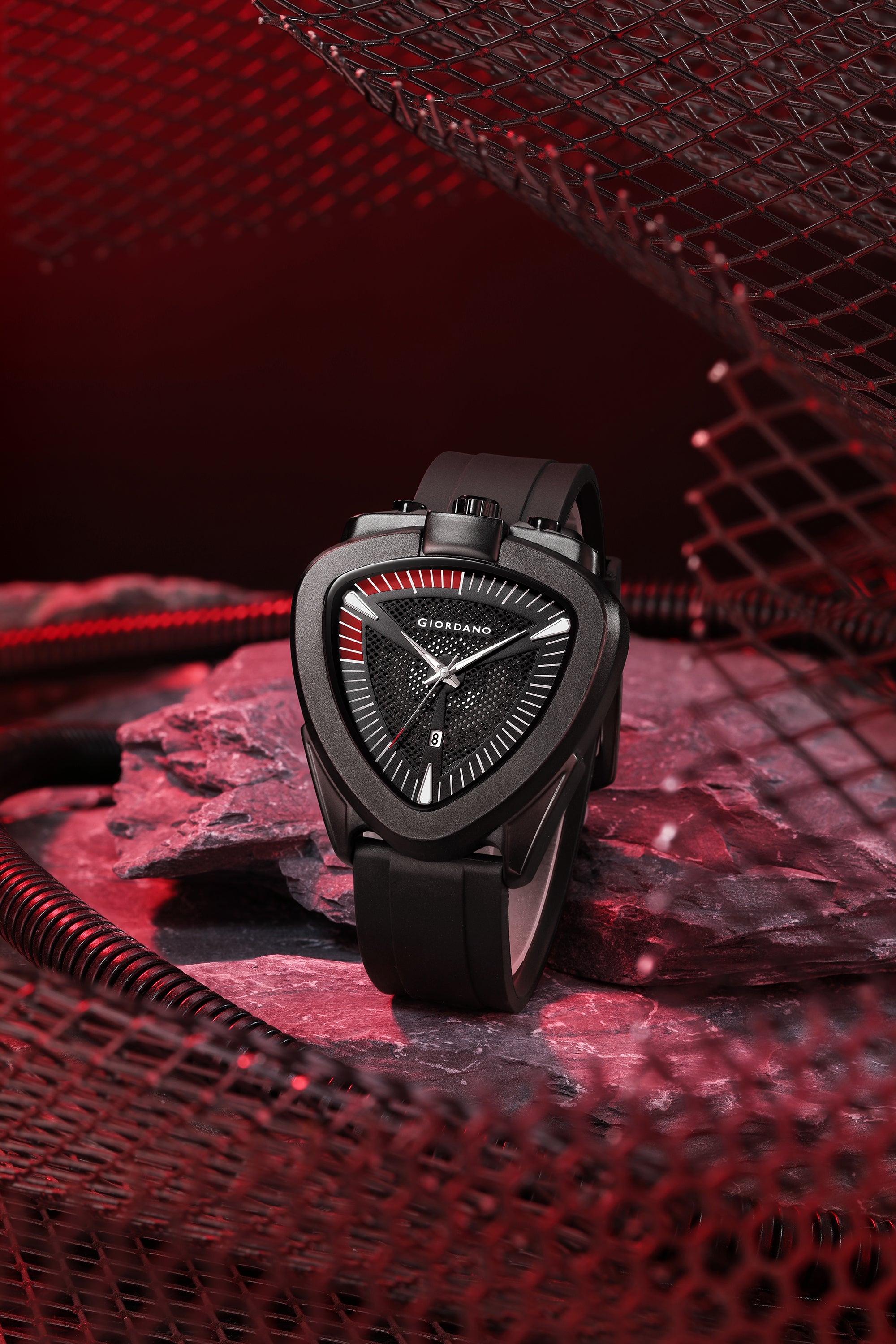 Giordano Analog Quartz Watch for Men with Black Triangular Textured Dial, Date Display, Luminous Hands and Hour Markers and Black Silicone Strap - GZ-50245-01