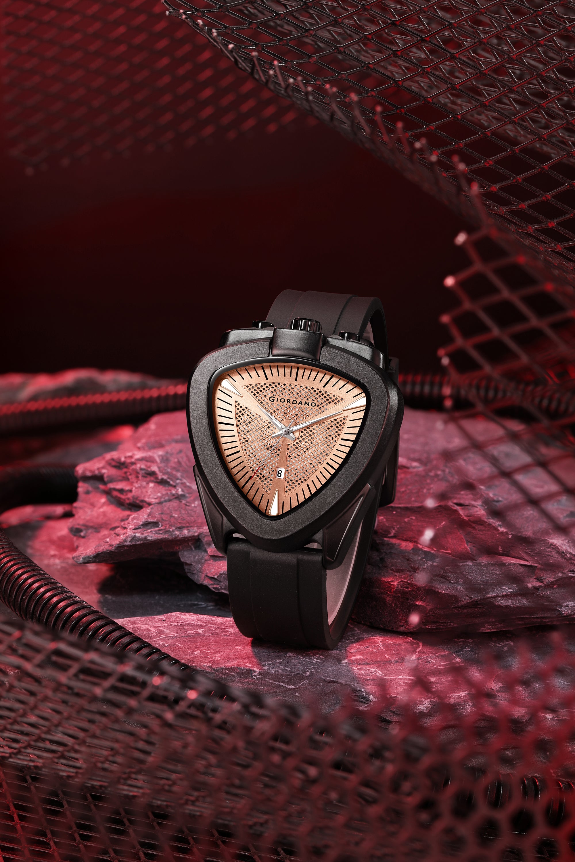 Giordano Analog Quartz Watch for Men with Rose Gold Triangular Textured Dial, Date Display, Luminous Hands and Hour Markers and Black Silicone Strap - GZ-50245-03