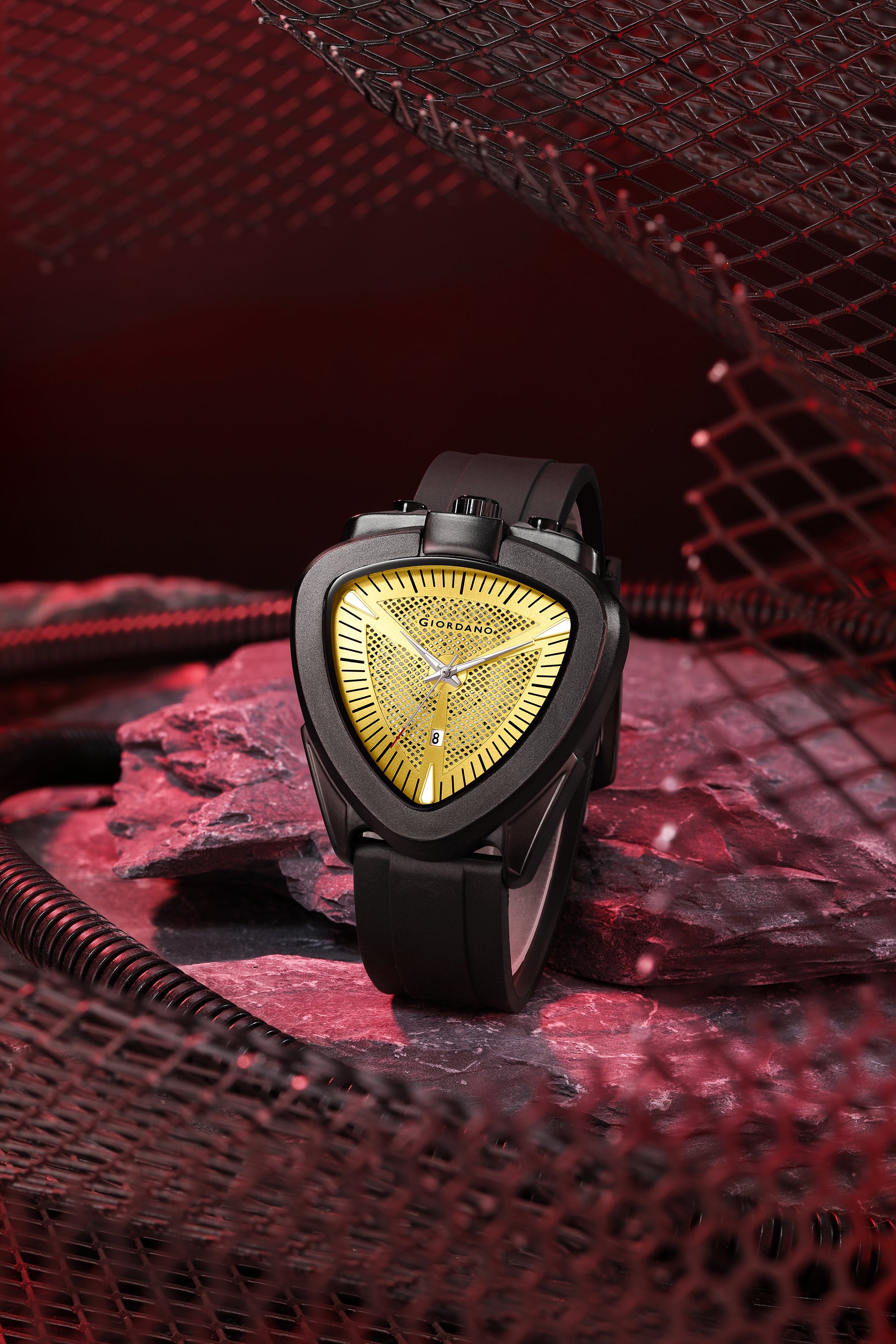 Giordano Analog Quartz Watch for Men with Gold Triangular Textured Dial, Date Display, Luminous Hands and Hour Markers and Black Silicone Strap - GZ-50245-04