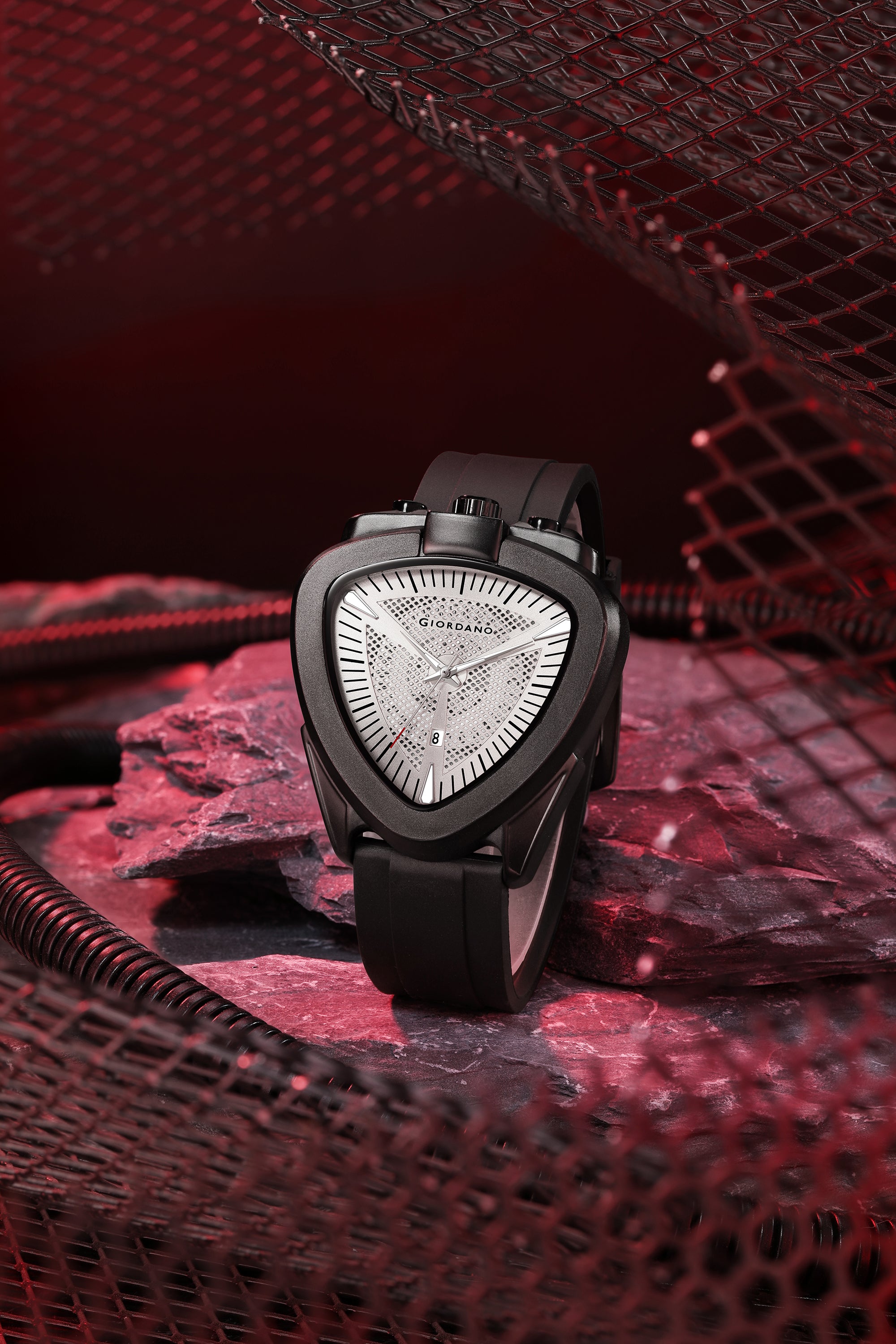 Giordano Analog Quartz Watch for Men with Silver Triangular Textured Dial, Date Display, Luminous Hands and Hour Markers and Black Silicone Strap - GZ-50245-02