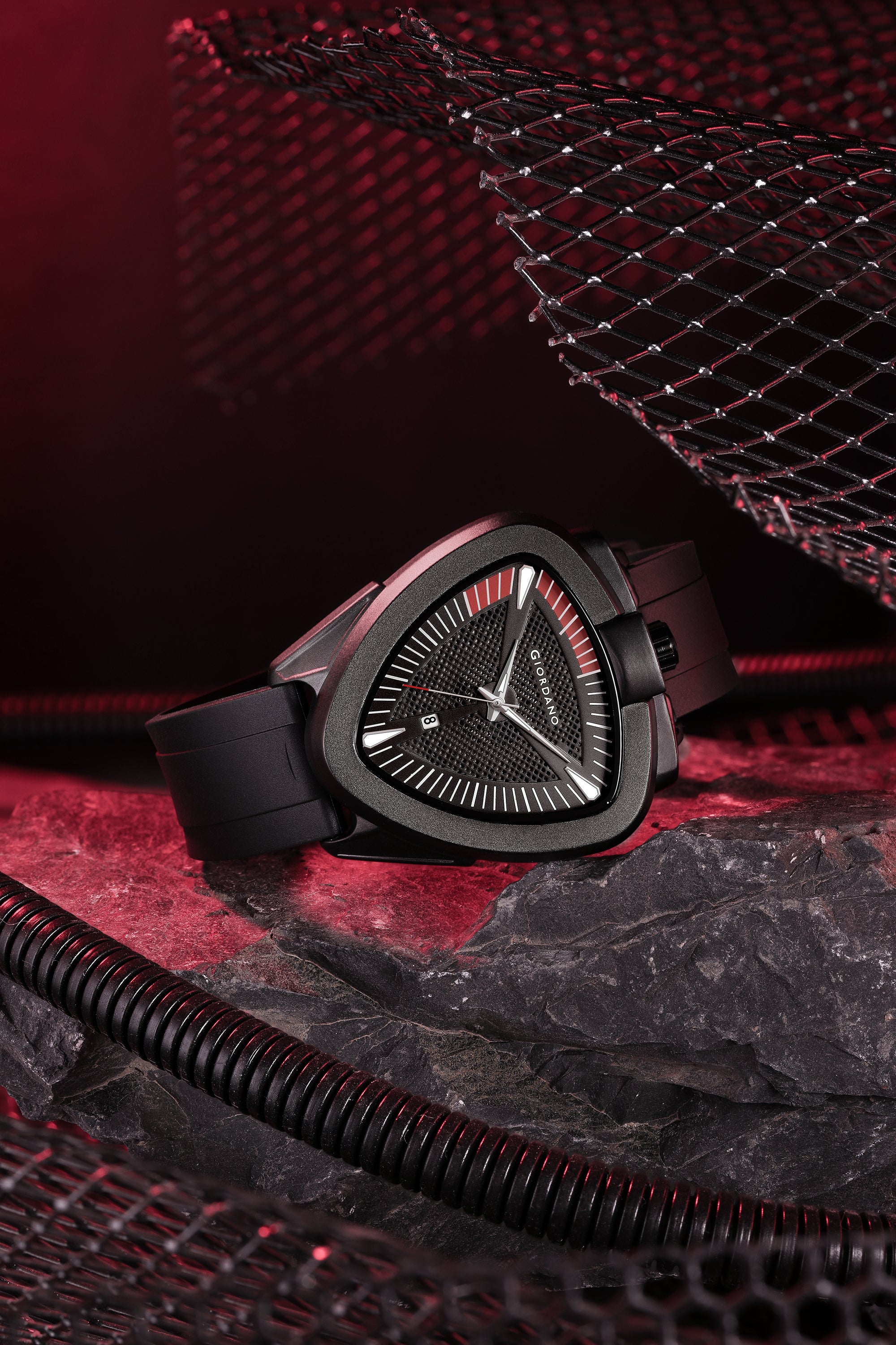 Giordano Analog Quartz Watch for Men with Black Triangular Textured Dial, Date Display, Luminous Hands and Hour Markers and Black Silicone Strap - GZ-50245-01