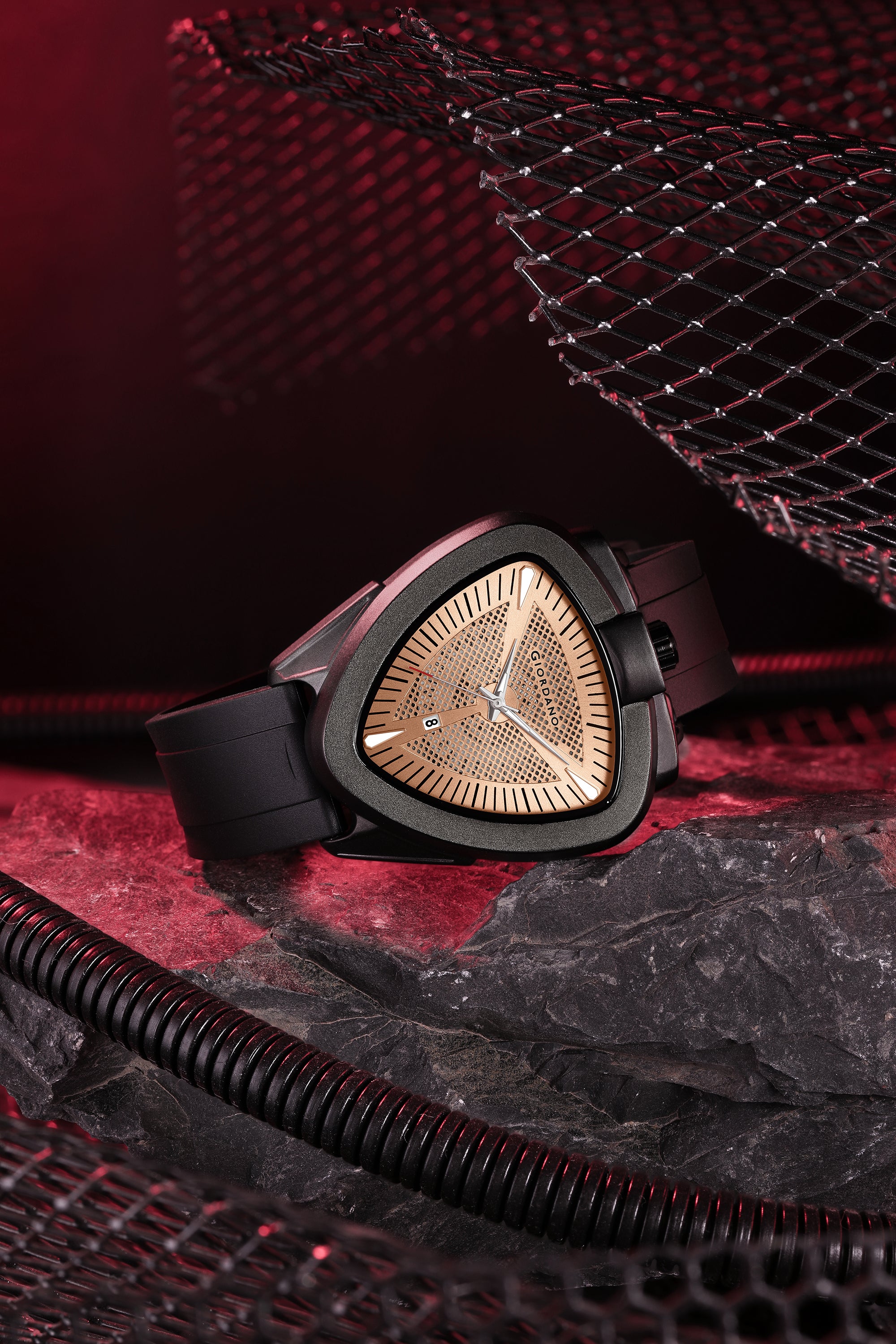 Giordano Analog Quartz Watch for Men with Rose Gold Triangular Textured Dial, Date Display, Luminous Hands and Hour Markers and Black Silicone Strap - GZ-50245-03