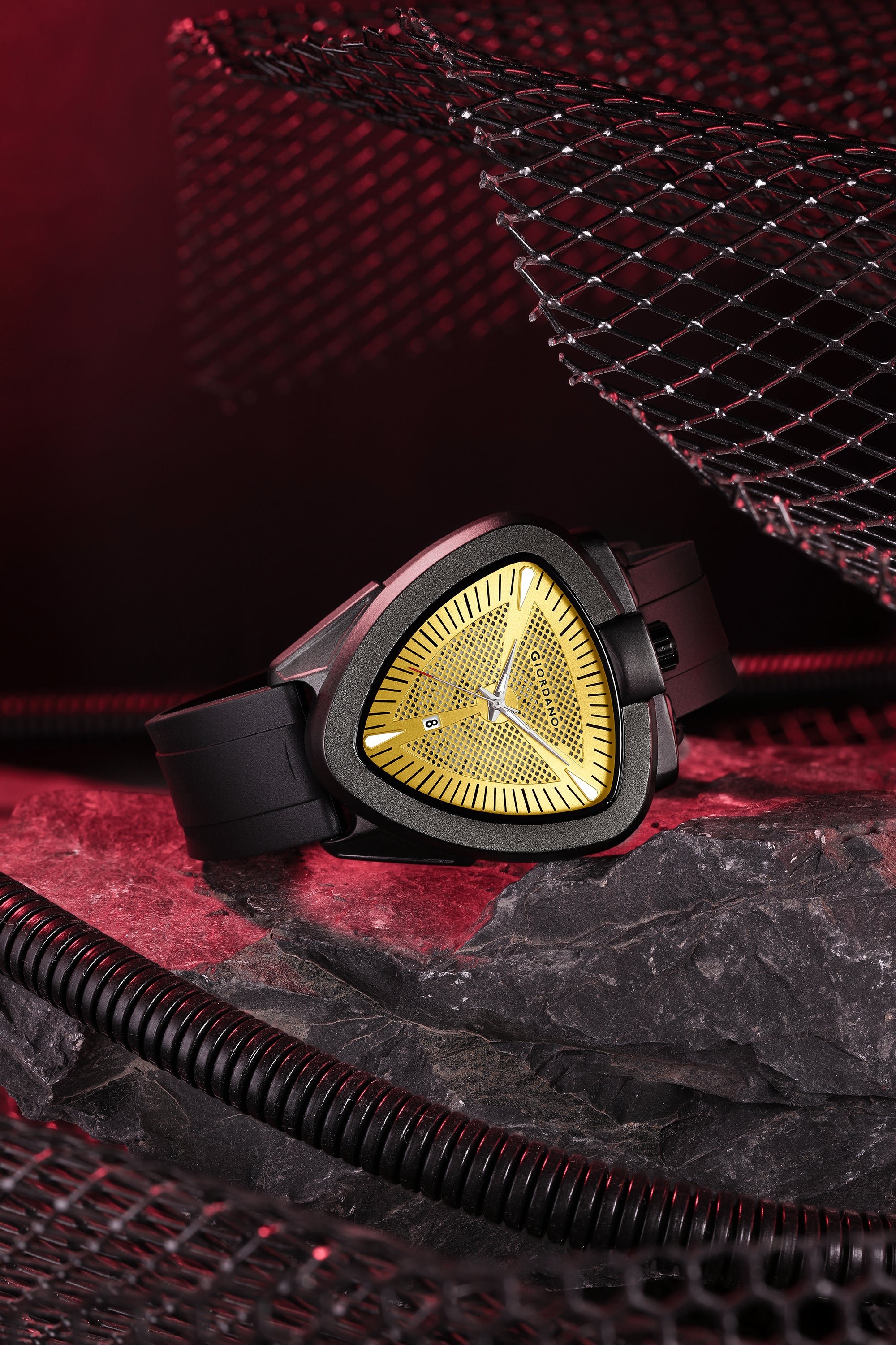 Giordano Analog Quartz Watch for Men with Gold Triangular Textured Dial, Date Display, Luminous Hands and Hour Markers and Black Silicone Strap - GZ-50245-04