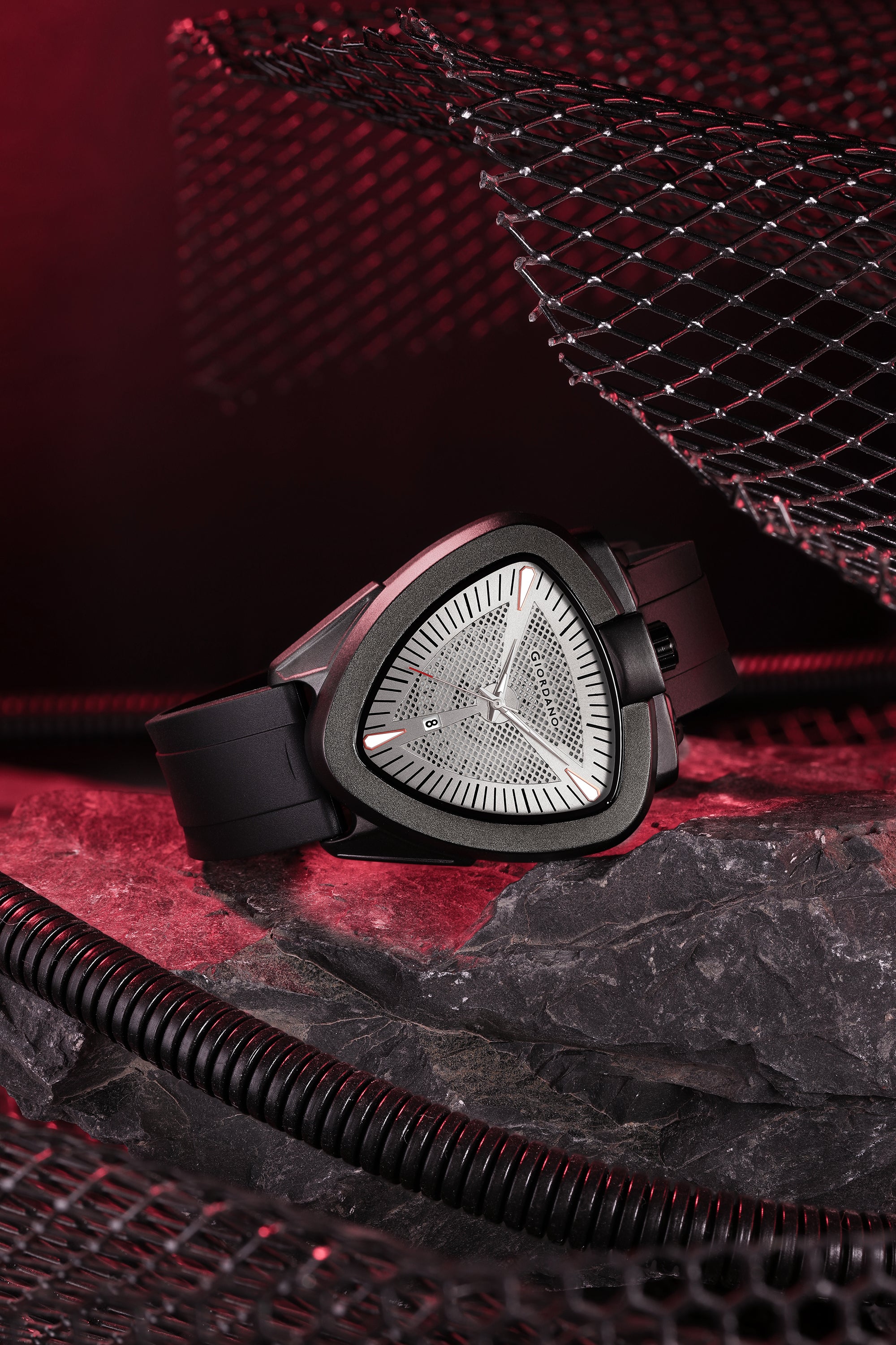 Giordano Analog Quartz Watch for Men with Silver Triangular Textured Dial, Date Display, Luminous Hands and Hour Markers and Black Silicone Strap - GZ-50245-02