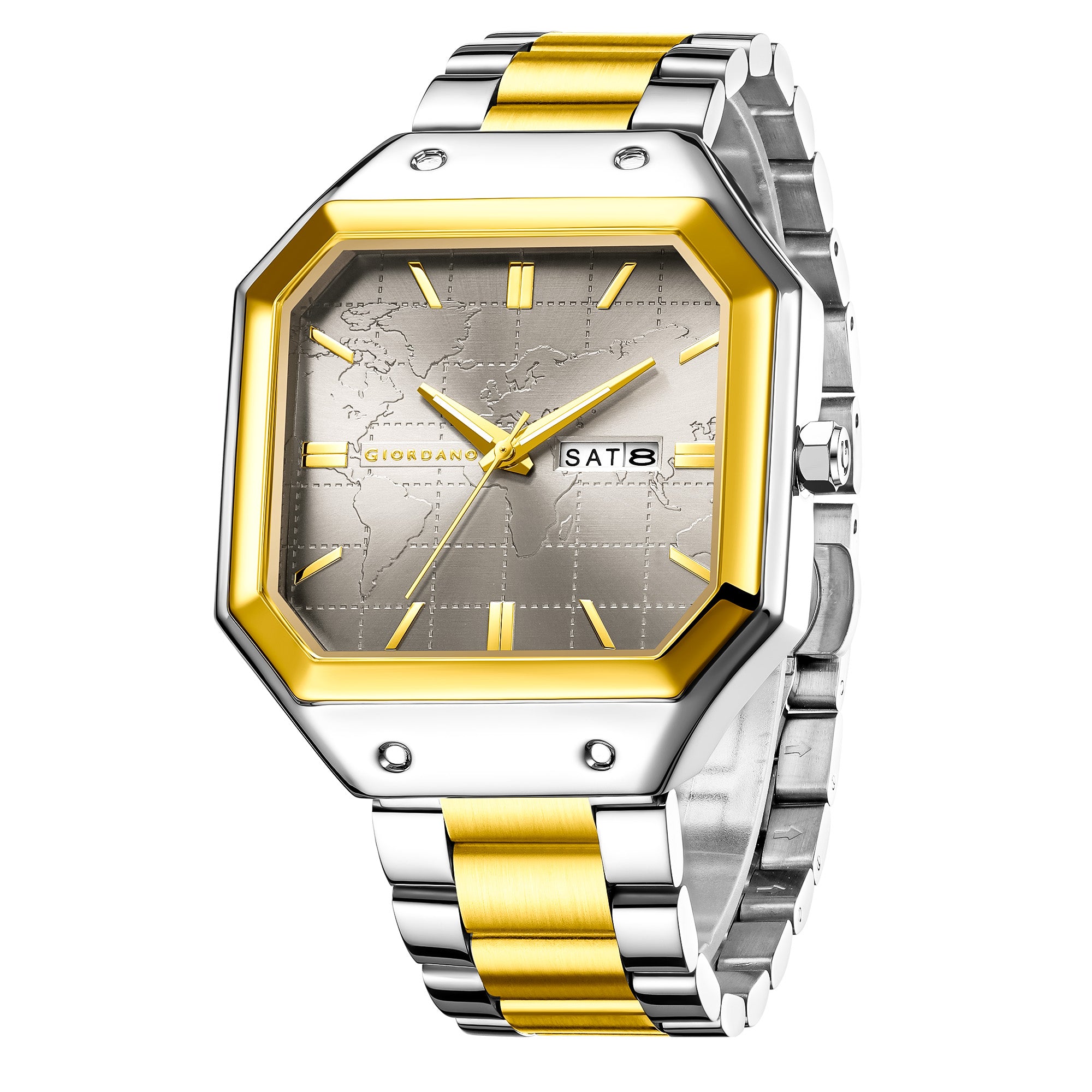 Giordano Premium  watch for men – Unique Octagone Case, Stainless Steel Band with Day & Date Display-GZ-50126-33