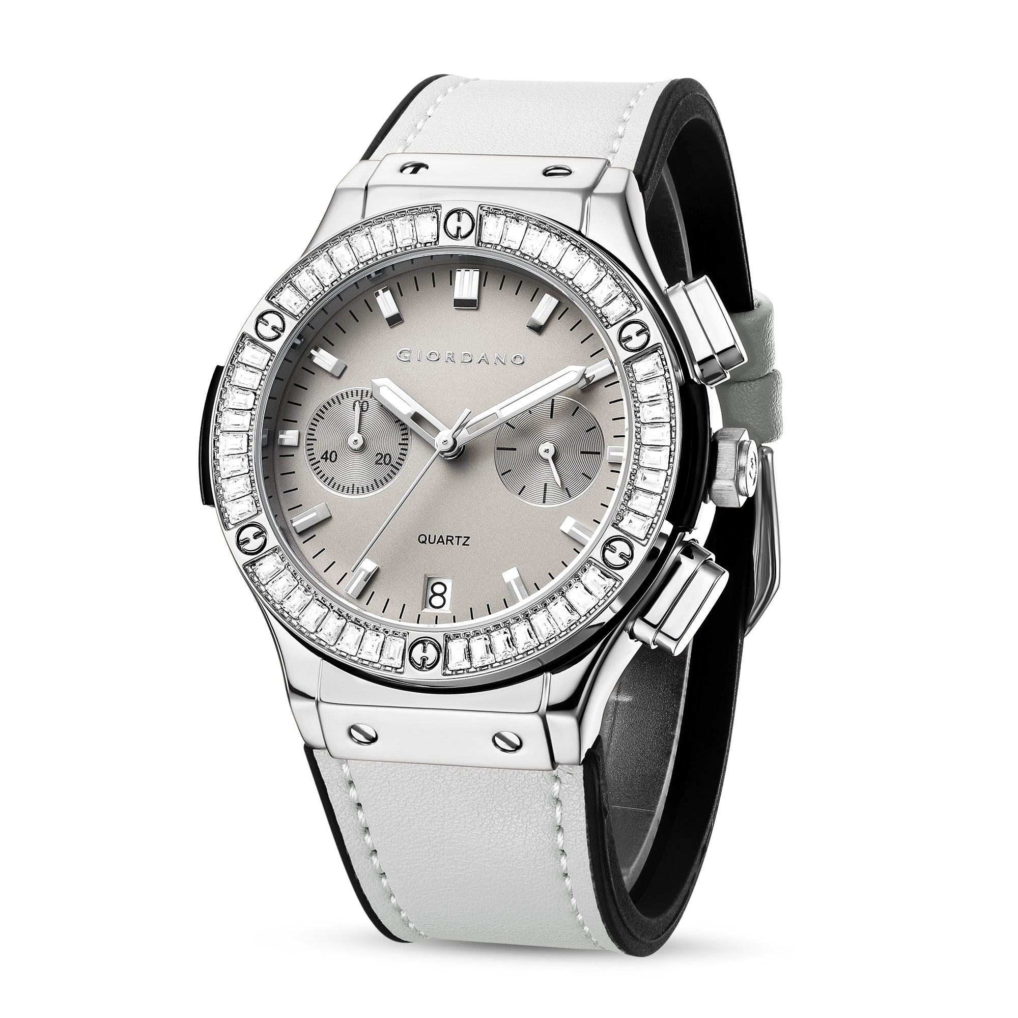 Giordano analog Watch for men  – Round Dial,  Leather Strap, Crystal-Studded Bezel with Quartz Movement-GZ-60093-01