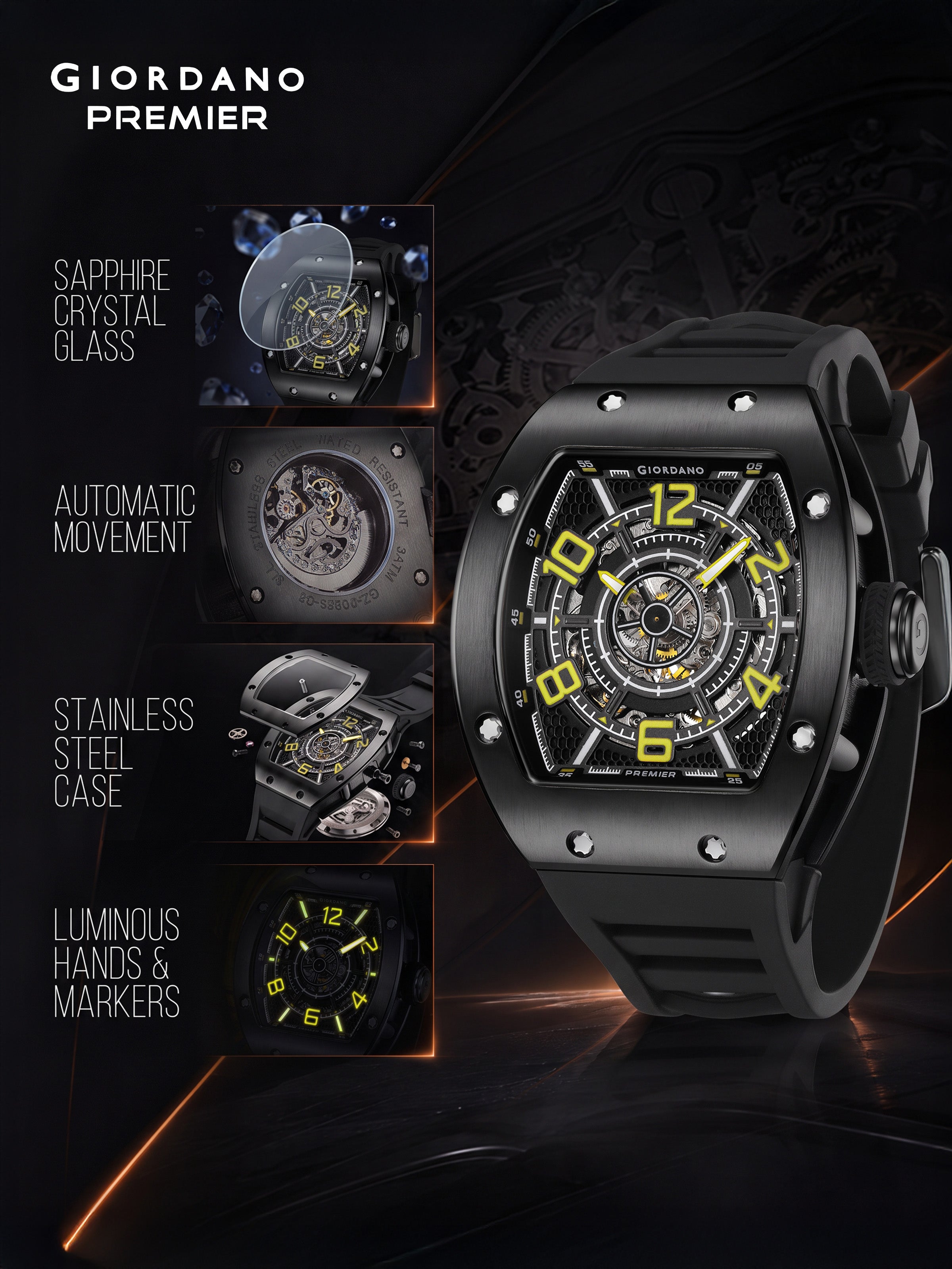 Giordano Premier Vector Collection Automatic Analog Skeleton Watch for Men - GZ-50229-02