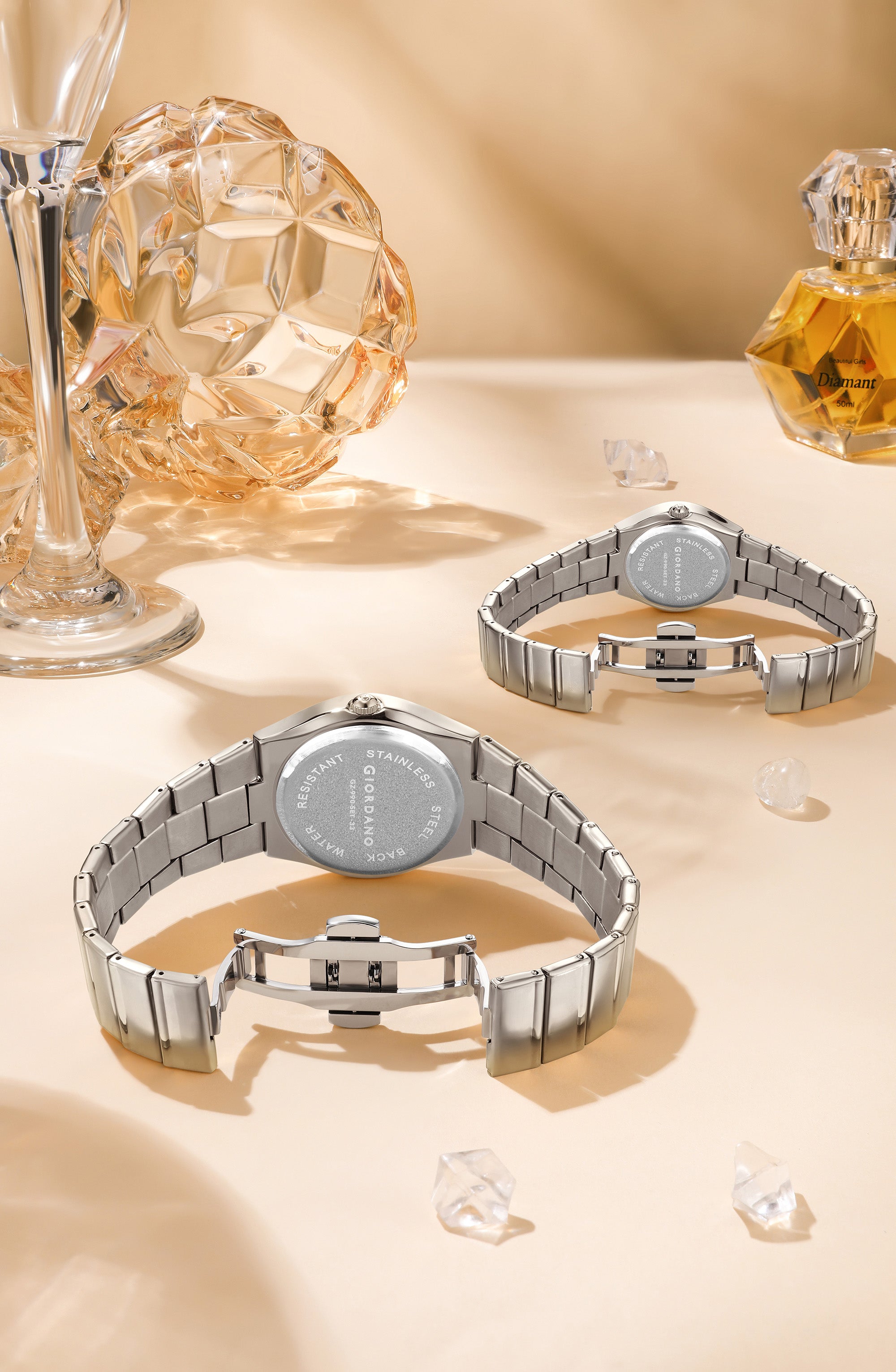 Giordano Analog Pair Watch For Unisex With Round Dial, Crystal Indices , Date Display And Stainless Steel Strap GZ-990-SET-33