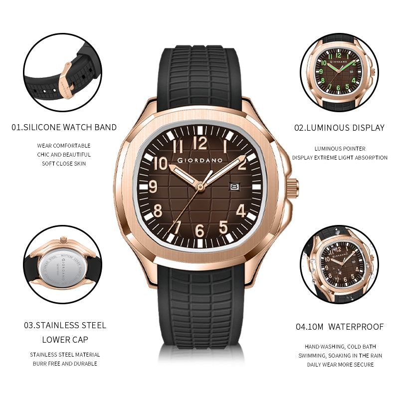 Giordano आधुनिक एनालॉग घड़ी पुरुषों के लिए बनावट वाले डायल और चिकनी सिलिकॉन स्ट्रैप के साथ - GZ-50118-05