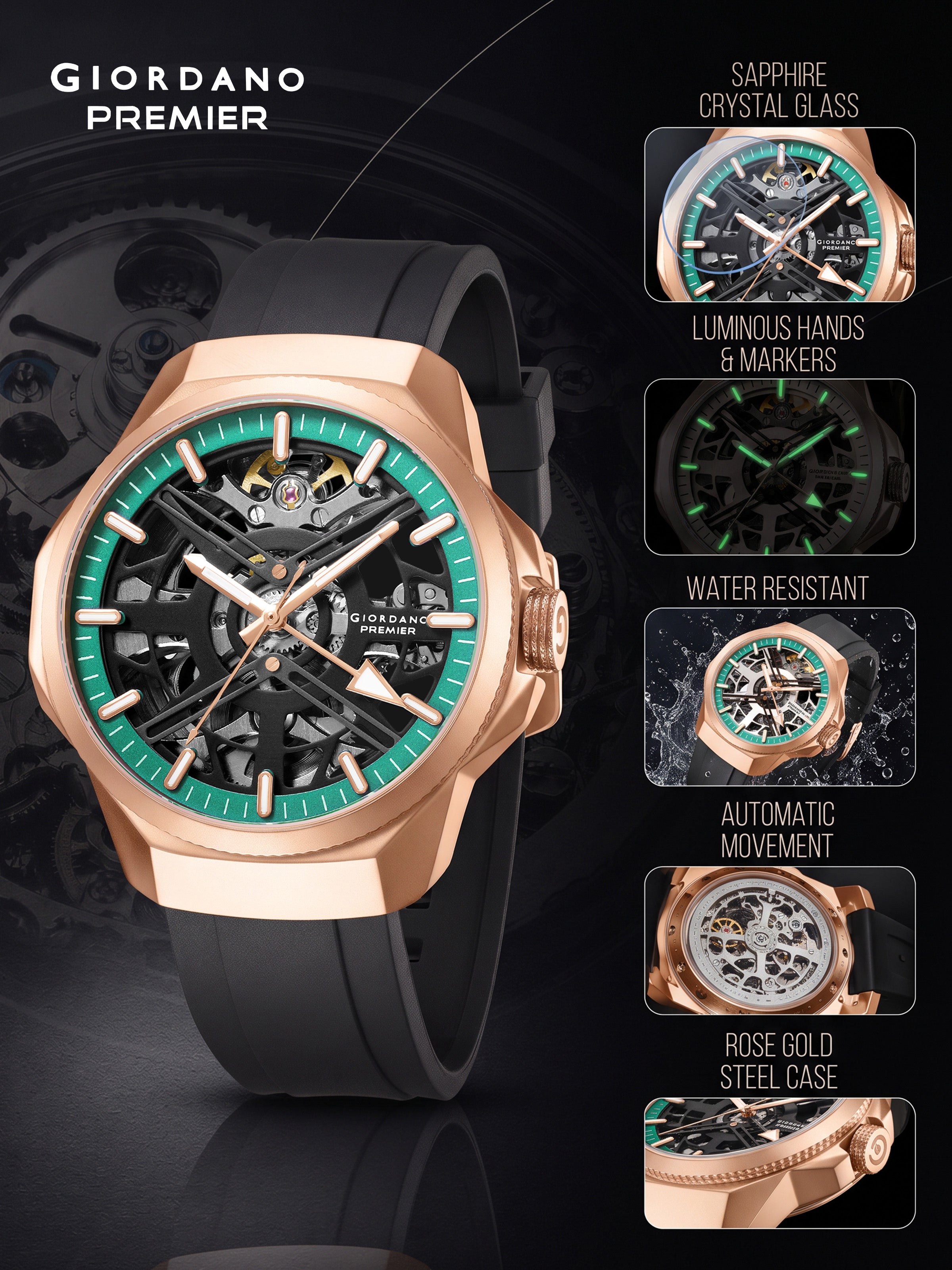 Giordano Premier Xapphire Collection Automatic Mechanical Movement Skeleton-Style Watch for Men - GZ-50232-04