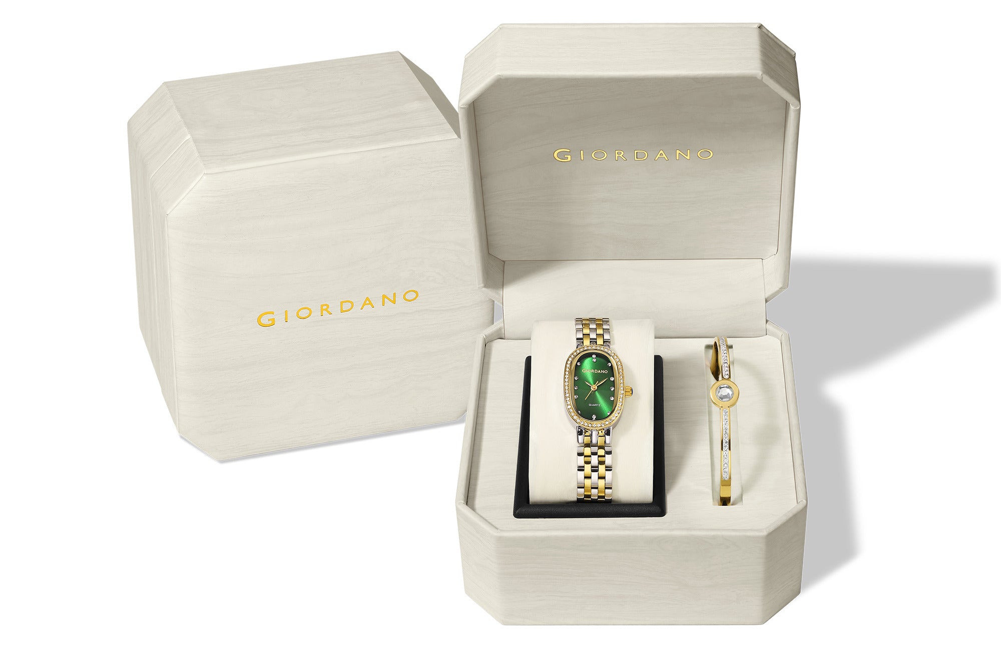 Giordano Analog Quartz Watch for Women with Bangle Oval Green Dial, Blue Crown, Crystal Studded Hour Markers and Bezel, Silver and Gold Stainless Steel Strap - GZ-60153-33