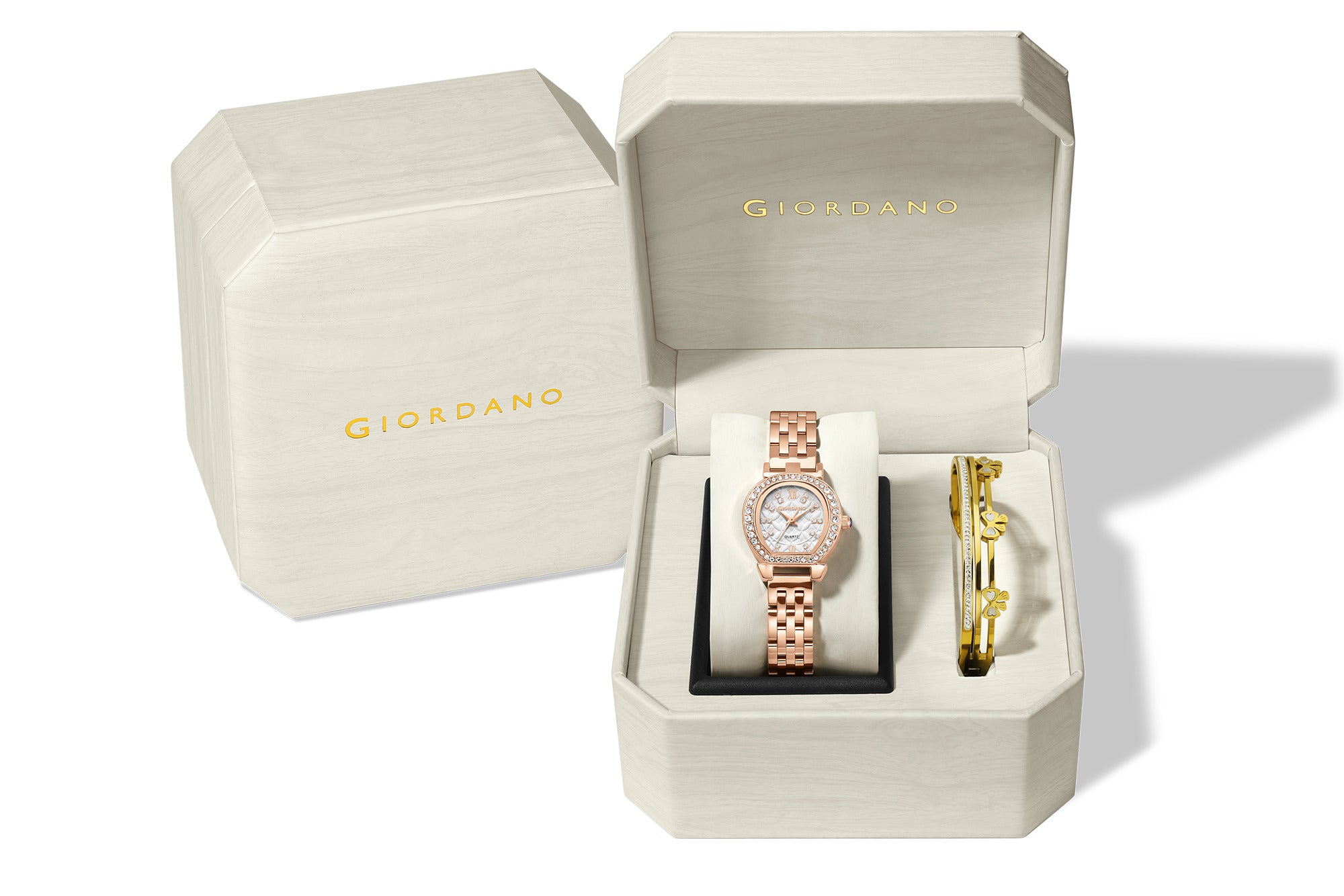 Giordano Analog Quartz Watch for Women with Bangle Set Texured Oval White Dial, Roman Indices, Blue Crown, Crystal Studded Hour Markers and Bezel, Rose Gold Stainless Steel Strap - GZ-60154-11