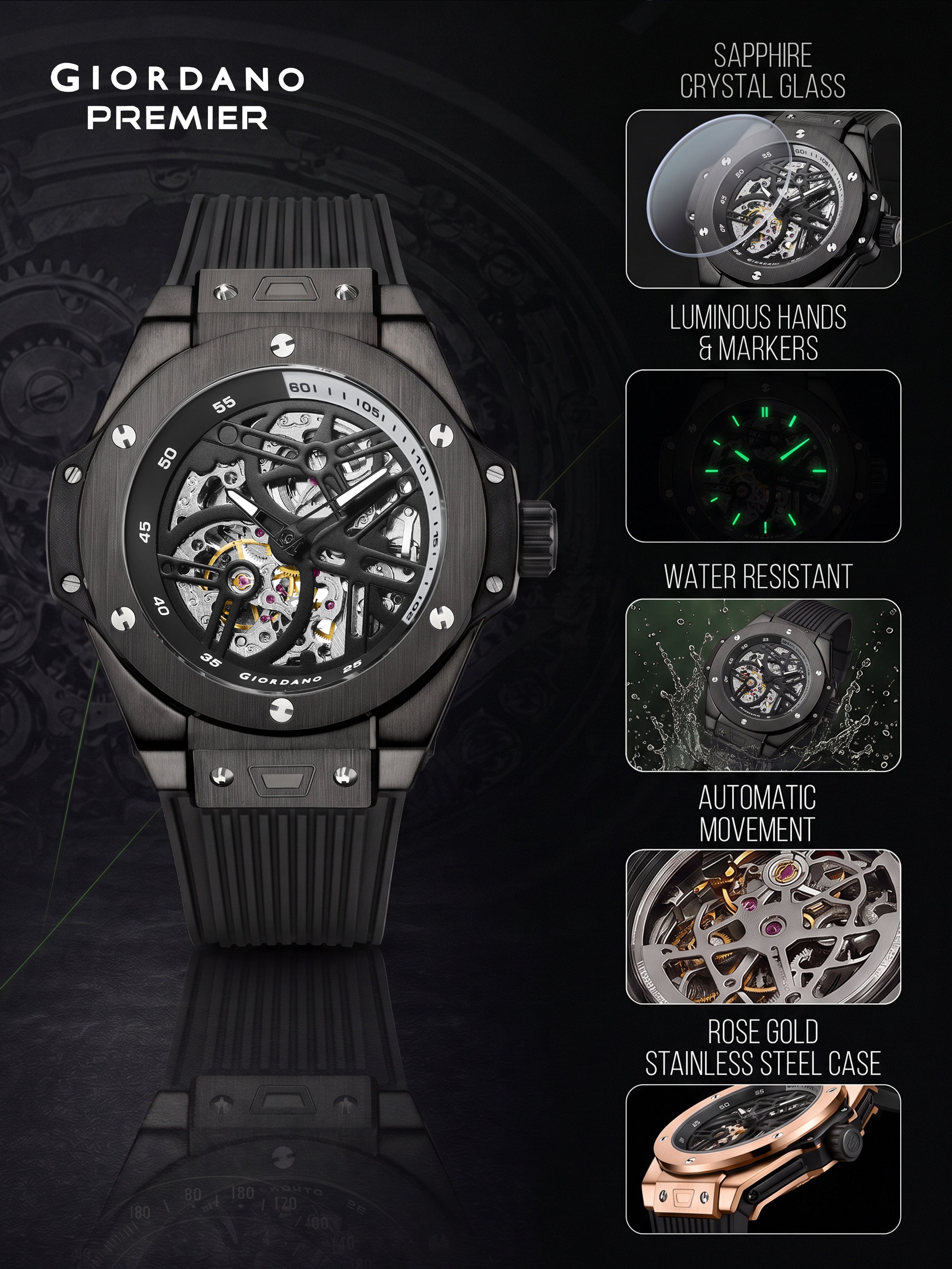 Giordano Premier Phantom Collection Automatic Skeleton Watch for Men - GZ-50240-01