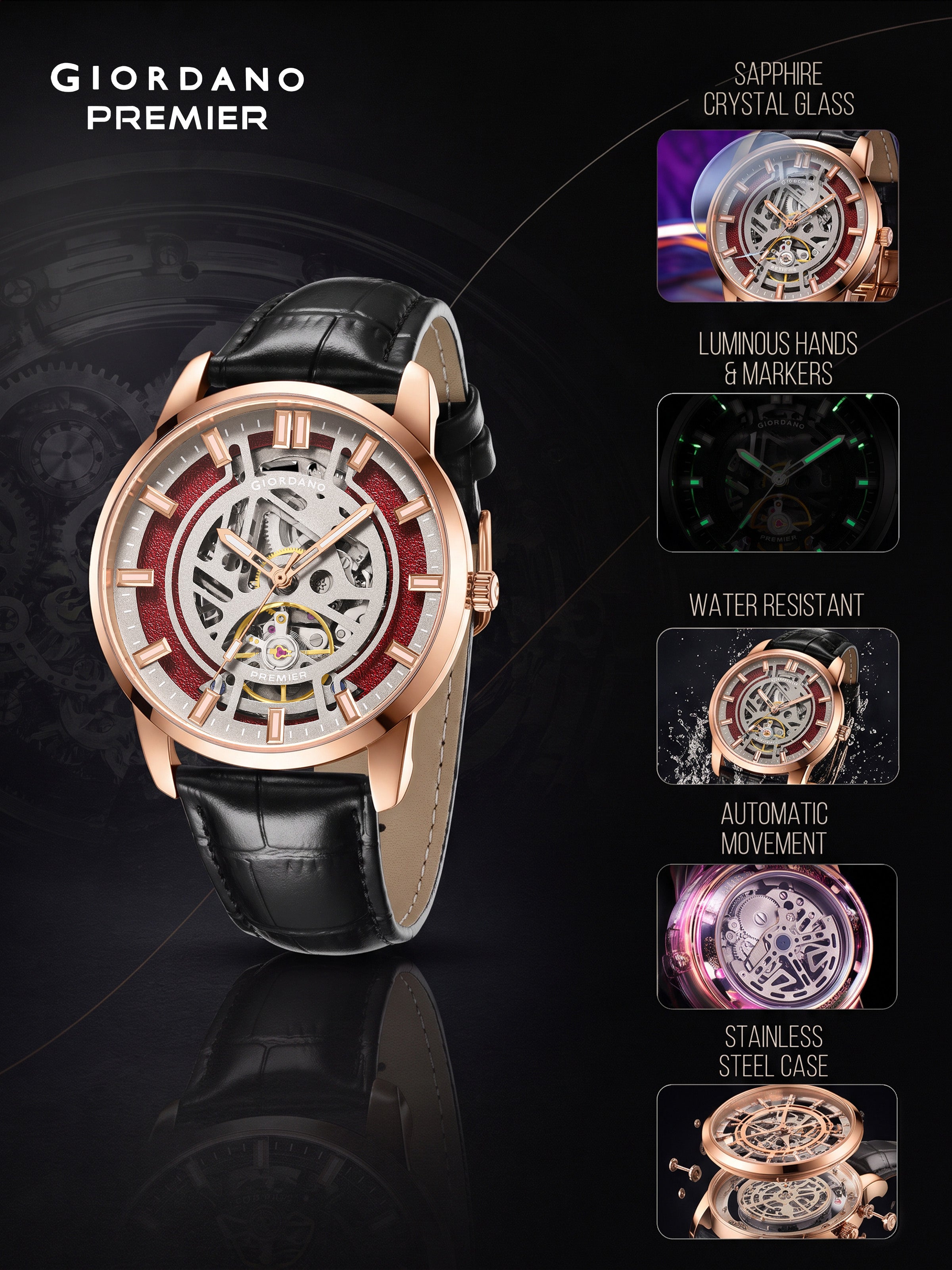 Giordano Premier Eterno Collection Automatic Mechanical Movement Skeleton-Style Watch for Men - GZ-50231-03