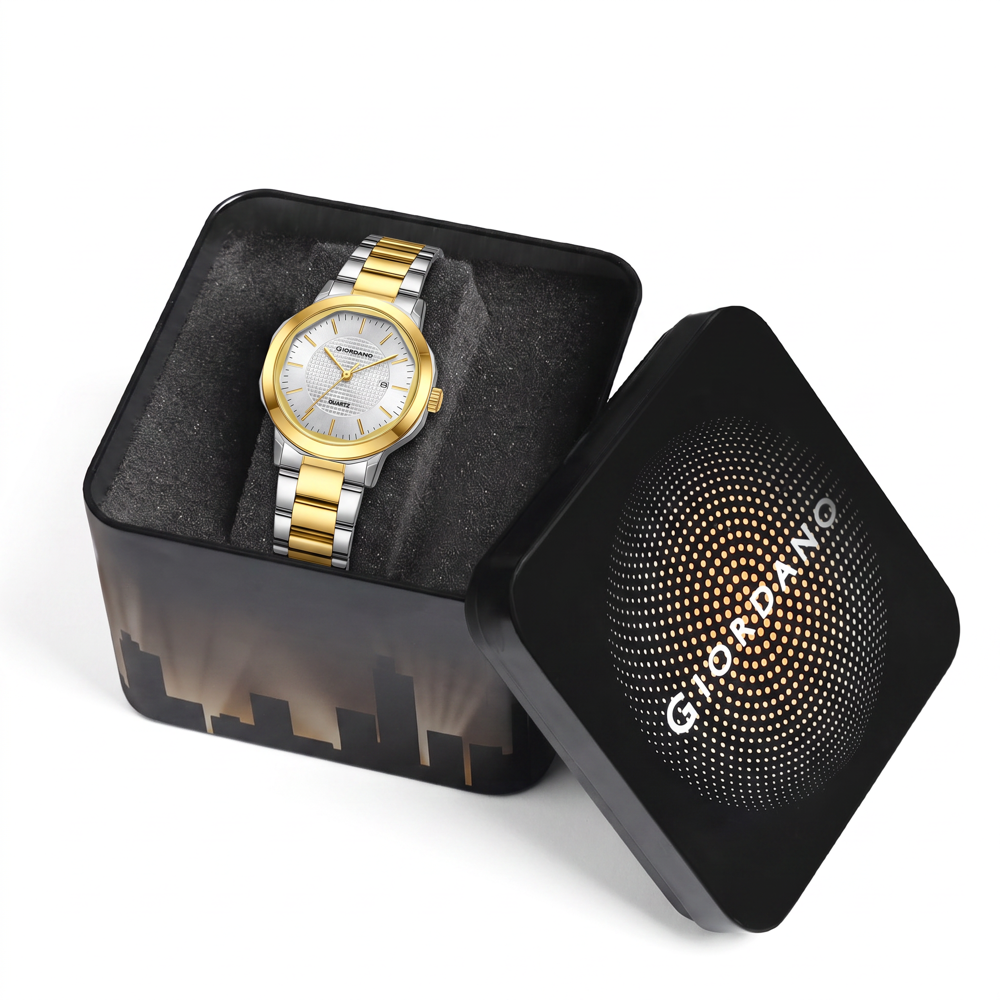 Giordano Analog Quartz Watch for Women with Silver Round Textured Dial, Date Display, Baton Hour Markers and Two-Tone Silver & Gold Stainless Steel Strap - GZ-60179-22