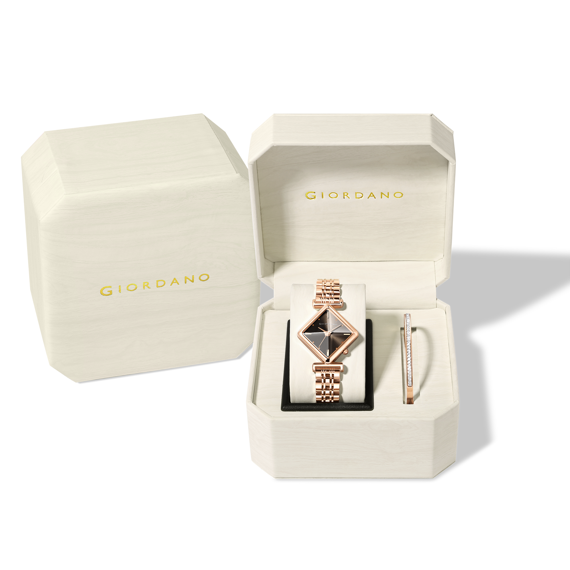 Giordano Rose Gold Analog Watch For Women with Bracelet Set – Diamond-Shaped Shimmer Dial, Crystal Detailing & Stainless Steel Strap – Elegant Gift Combo for Women | GZ-60106-44