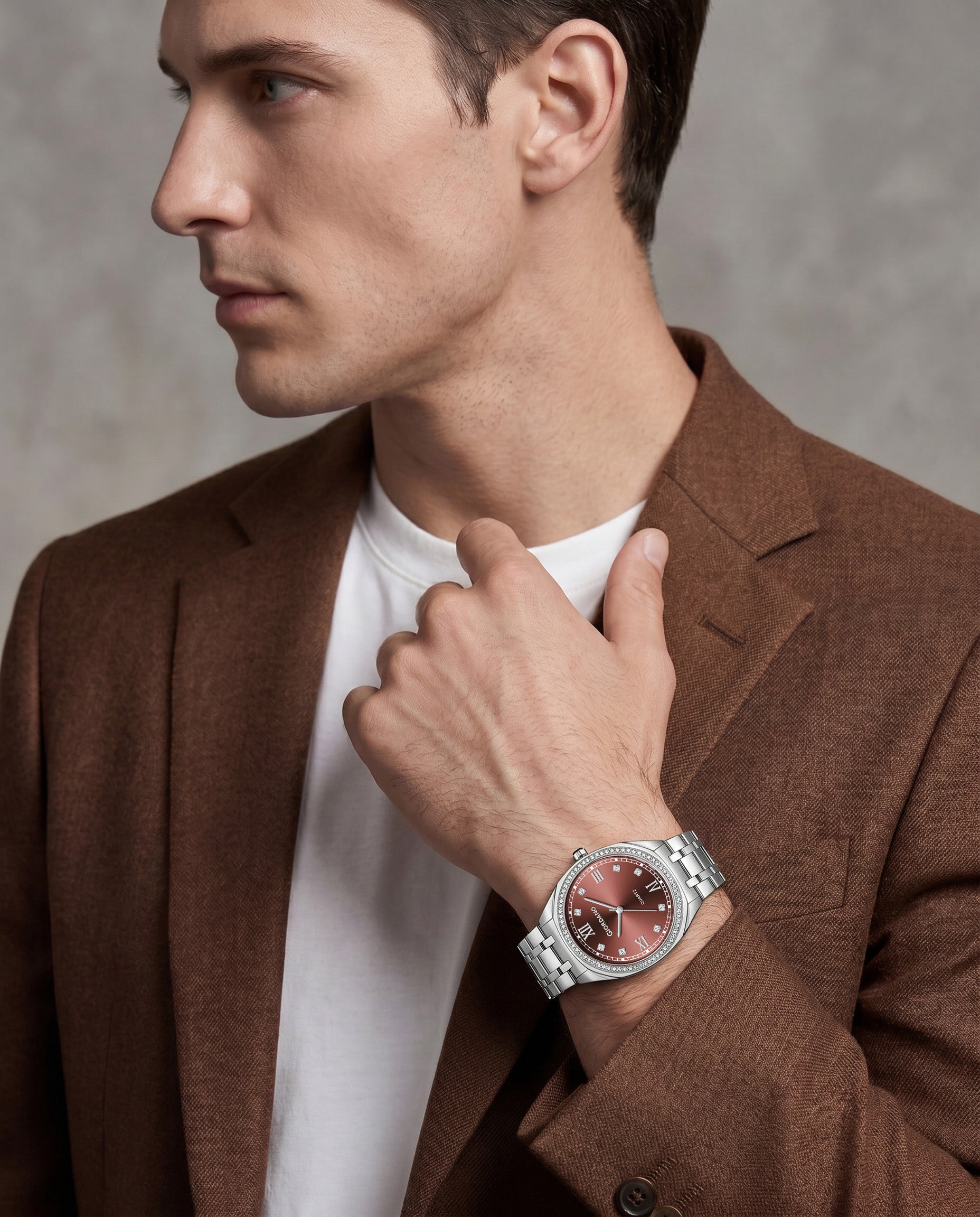 Giordano Analog Quartz Watch for Men with Round Brown Dial, Roman Indices, Blue Crown, Crystal Studded Hour Markers and Bezel, Silver Stainless Steel Strap - GZ-50216-22