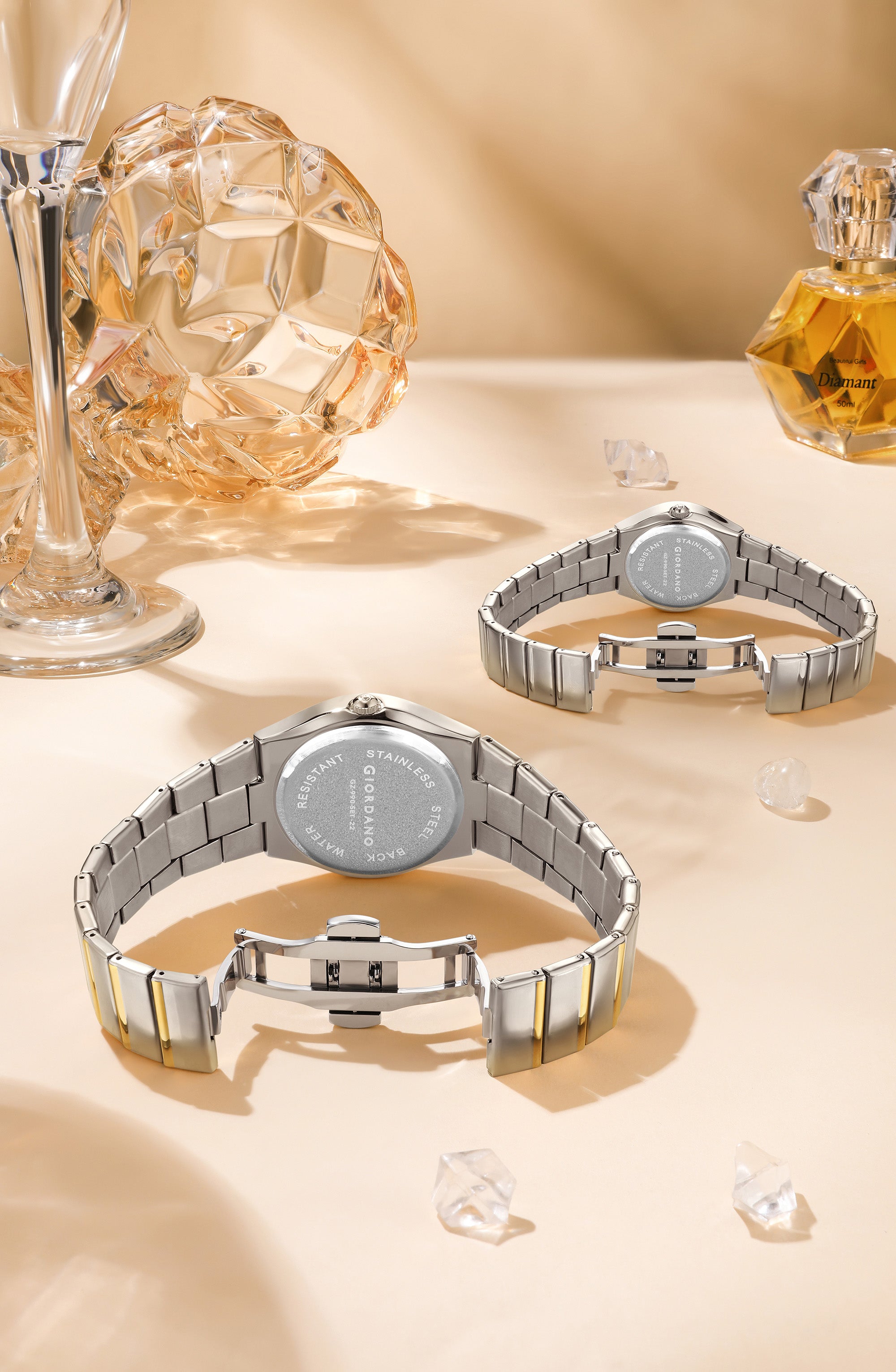 Giordano Analog Pair Watch For Unisex With Round Dial, Crystal Indices , Date Display And Stainless Steel Strap GZ-990-SET-22