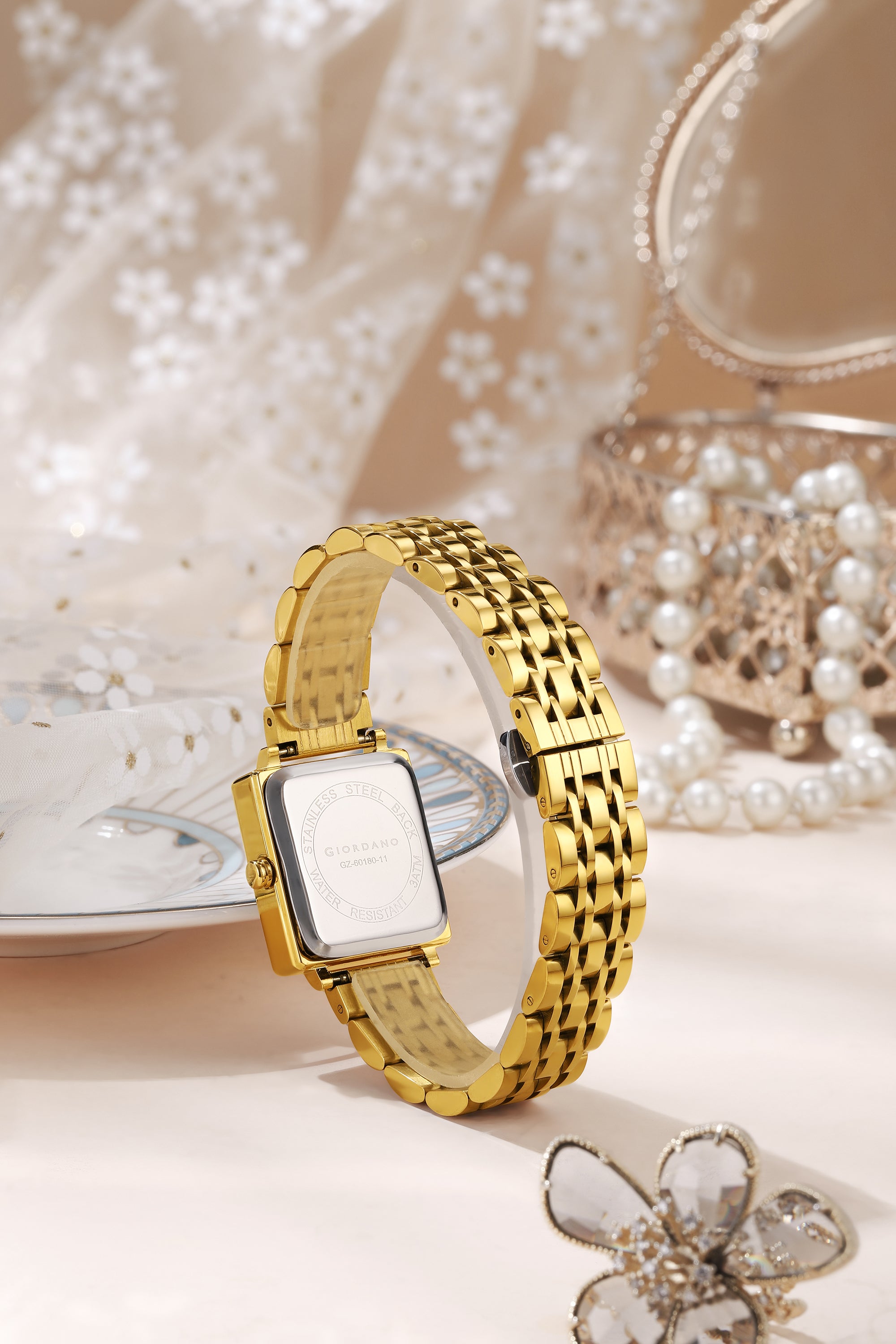 Giordano Gold Analog Quartz Watch Gift Set for Women – 3 Piece Combo with Rose Gold Mother of Pearl Fan Pendant Necklace & Crystal Heart Charm Bangle Bracelet, Fashion Jewelry Set - GZ-60180-11