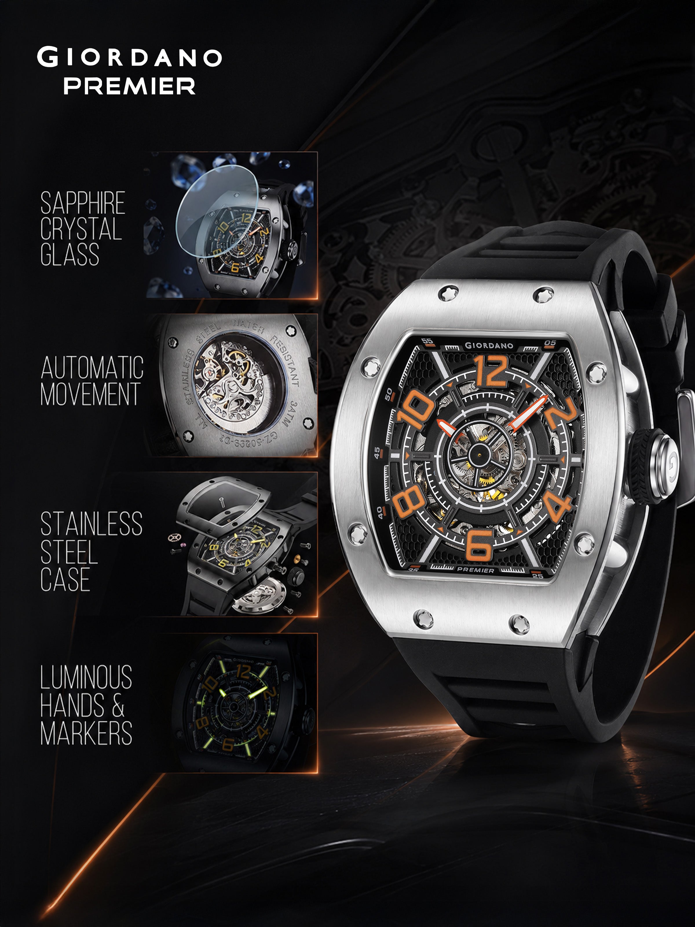 Giordano Premier Vector Collection Automatic Analog Skeleton Watch for Men - GZ-50229-01