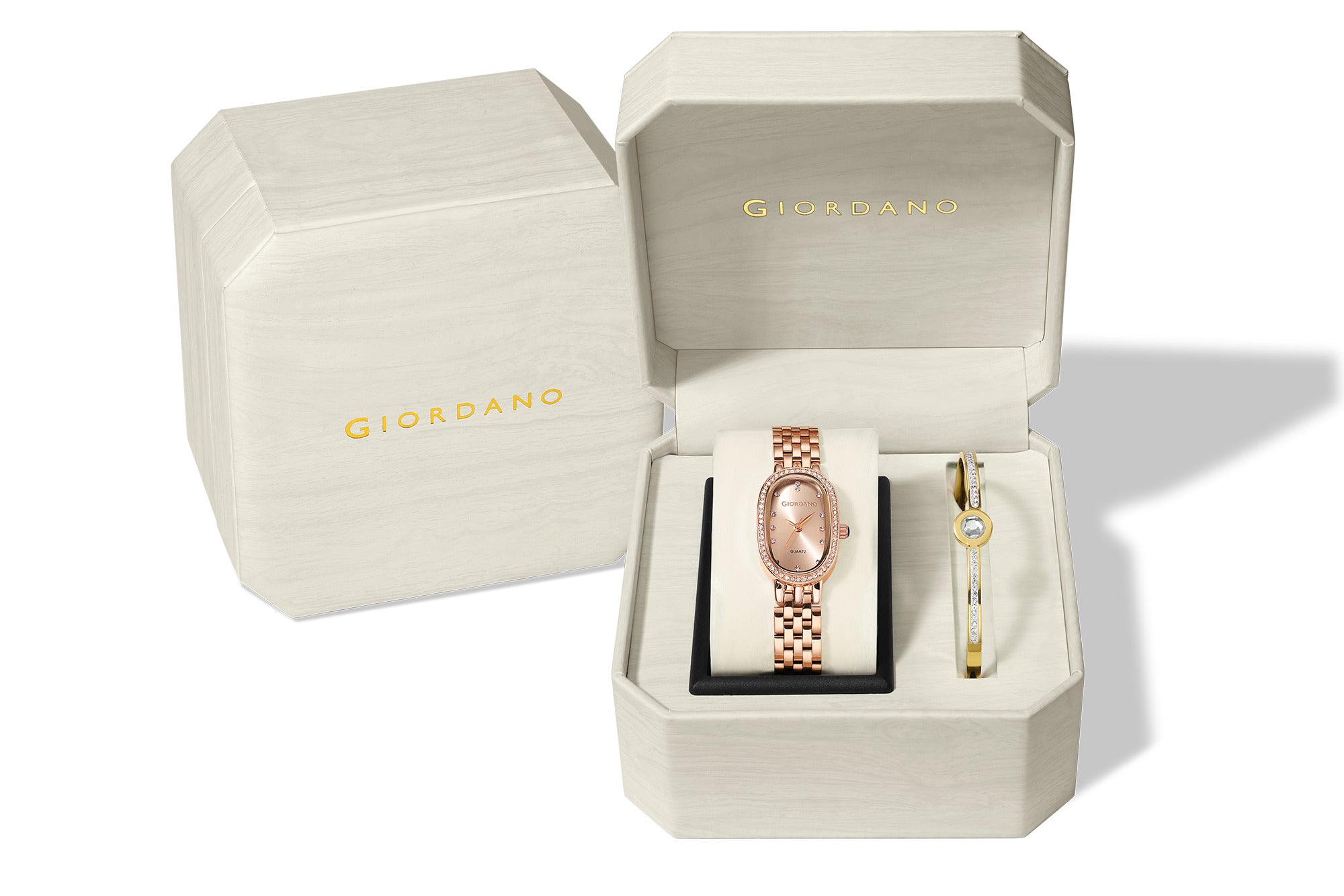 Giordano Analog Quartz Watch for Women with Bangle Oval Rose Gold Dial, Blue Crown, Crystal Studded Hour Markers and Bezel, Rose Gold Stainless Steel Strap - GZ-60153-22