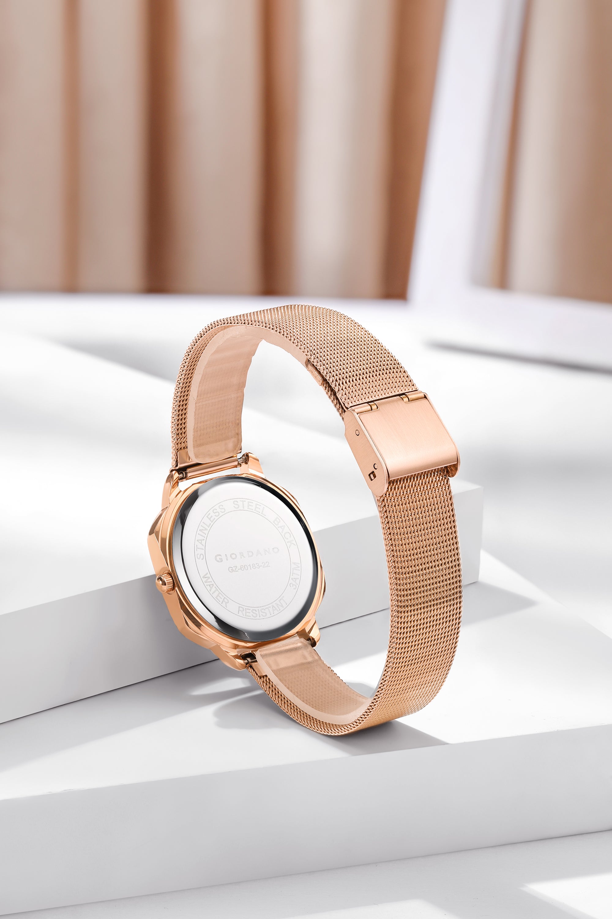 Giordano Rose Gold Analog Quartz Watch Gift Set for Women – 3 Piece Combo with Mesh Strap, Roman Numeral Crystal Studded Dial, Round Pearl Pendant Necklace & Bangle Bracelet - GZ-60183-22