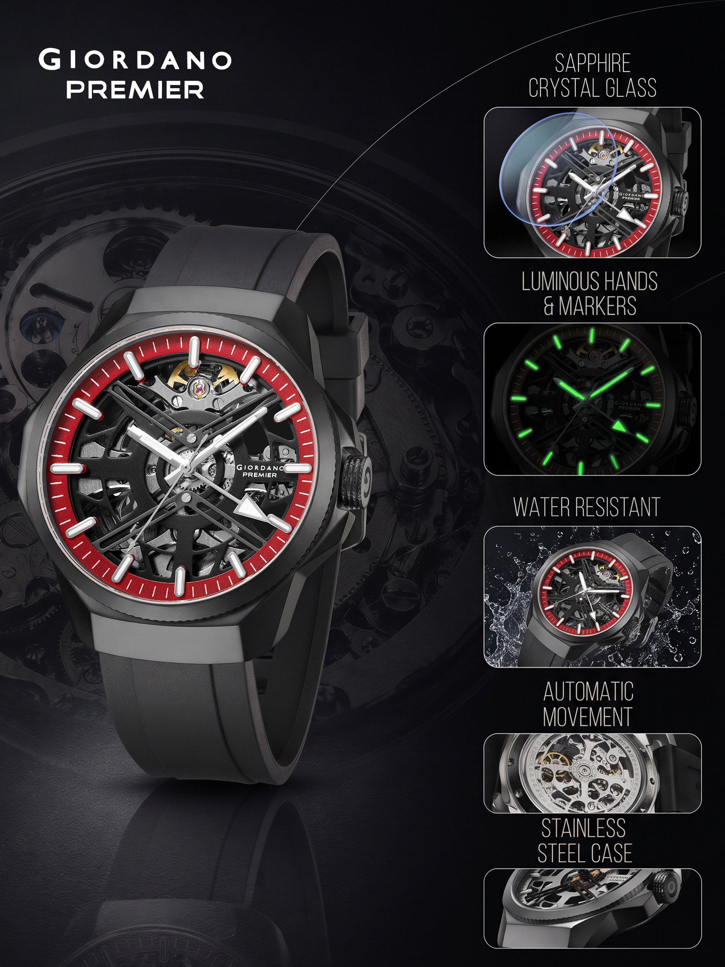 Giordano Premier Xapphire Collection Automatic Mechanical Movement Skeleton-Style Watch for Men  - GZ-50232-02