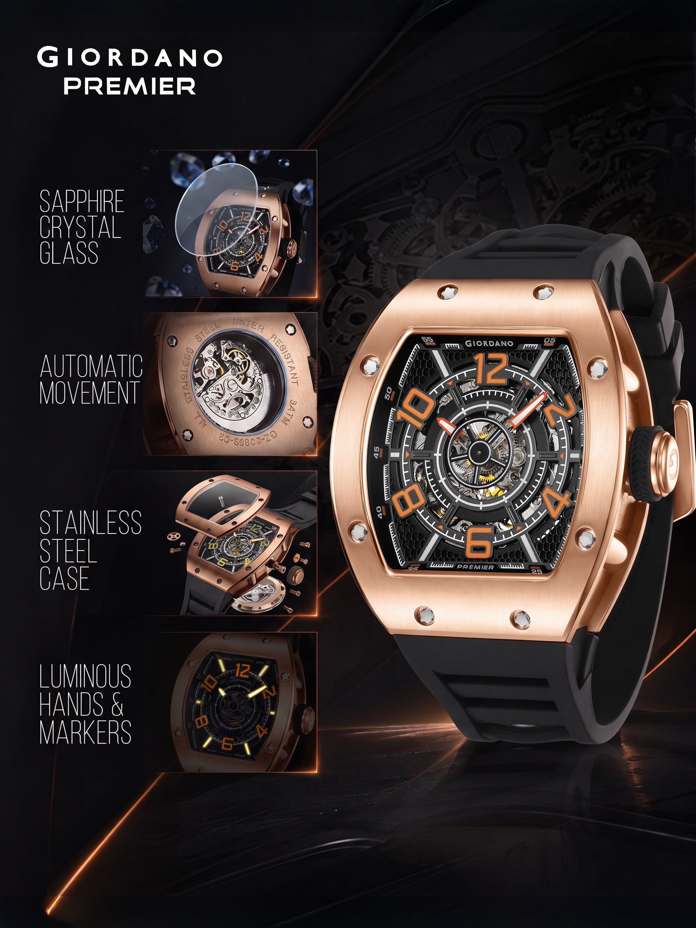 Giordano Premier Vector Collection Automatic Analog Skeleton Watch for Men - GZ-50229-03