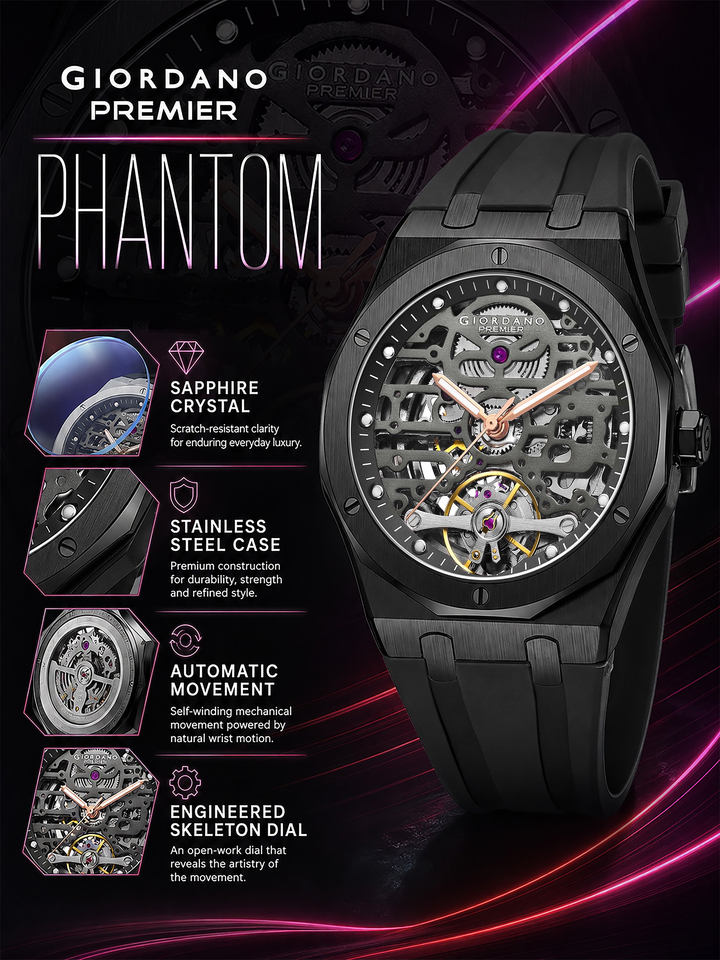 Giordano Premier Phantom Collection Automatic Watch for Men - GZ-50224-01