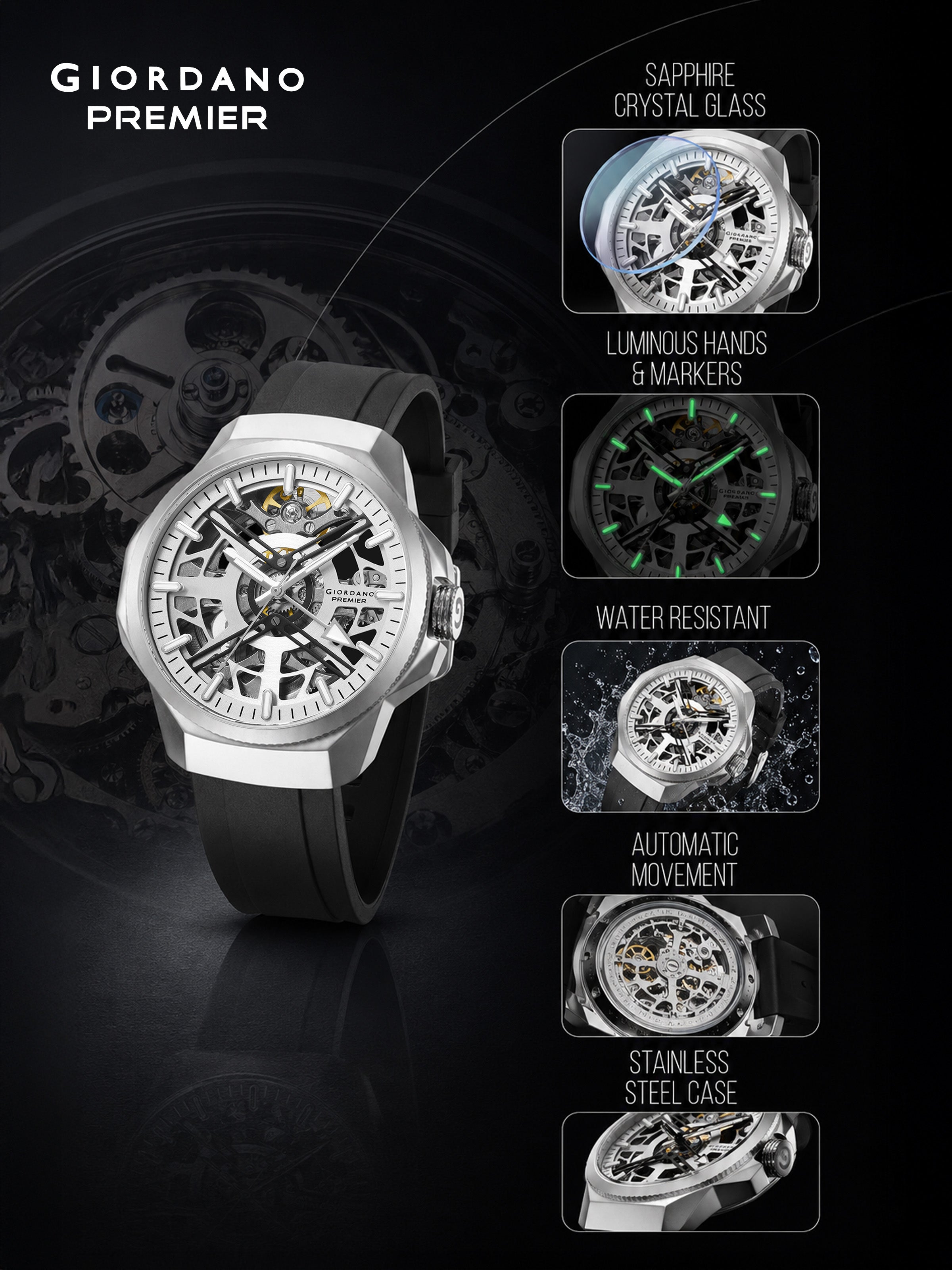 Giordano Premier Xapphire Collection Automatic Mechanical Movement Skeleton-Style for Men - GZ-50232-01