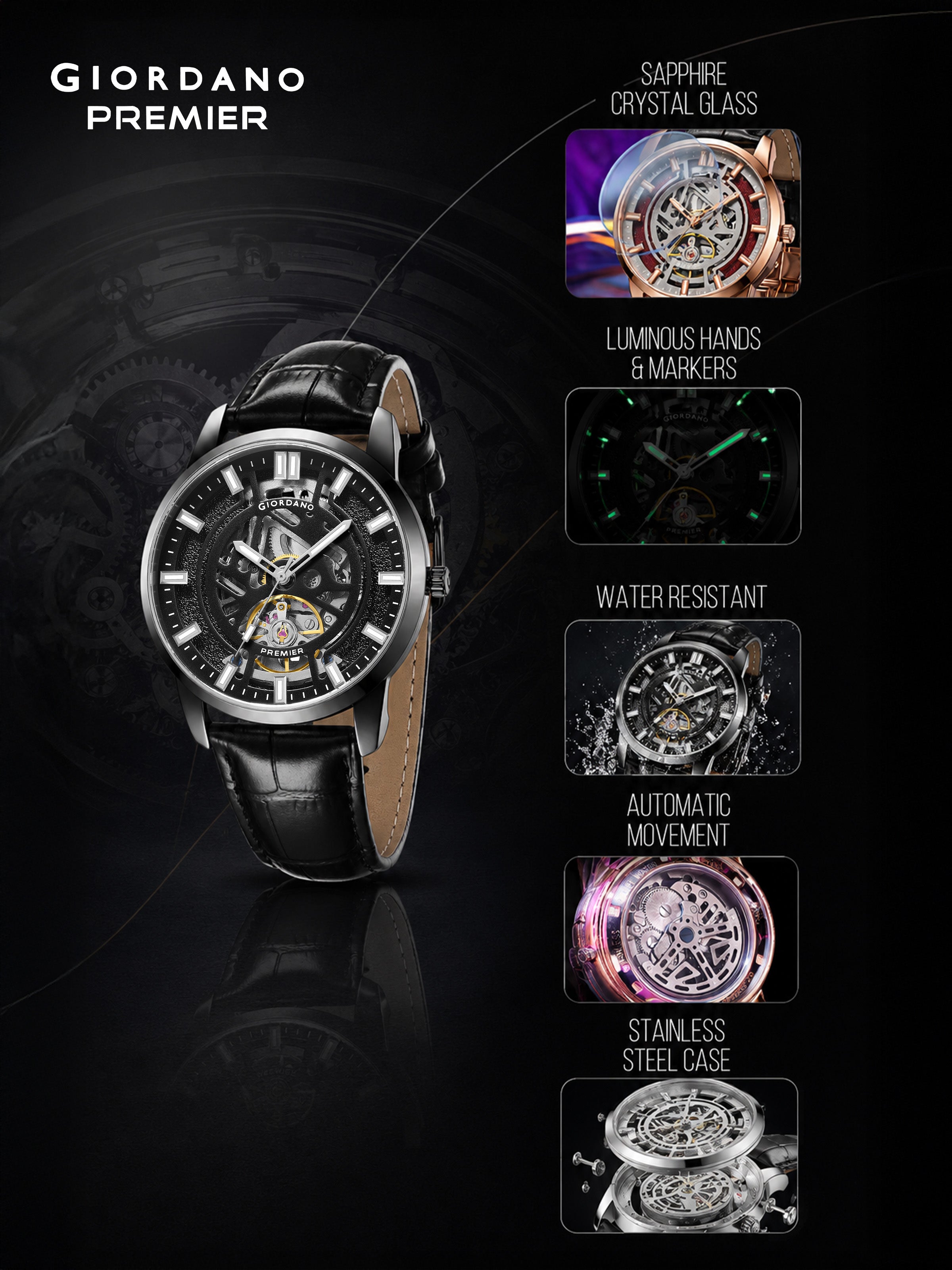 Giordano Premier Eterno Collection Automatic Mechanical Movement Skeleton-Style Watch for Men - GZ-50231-01